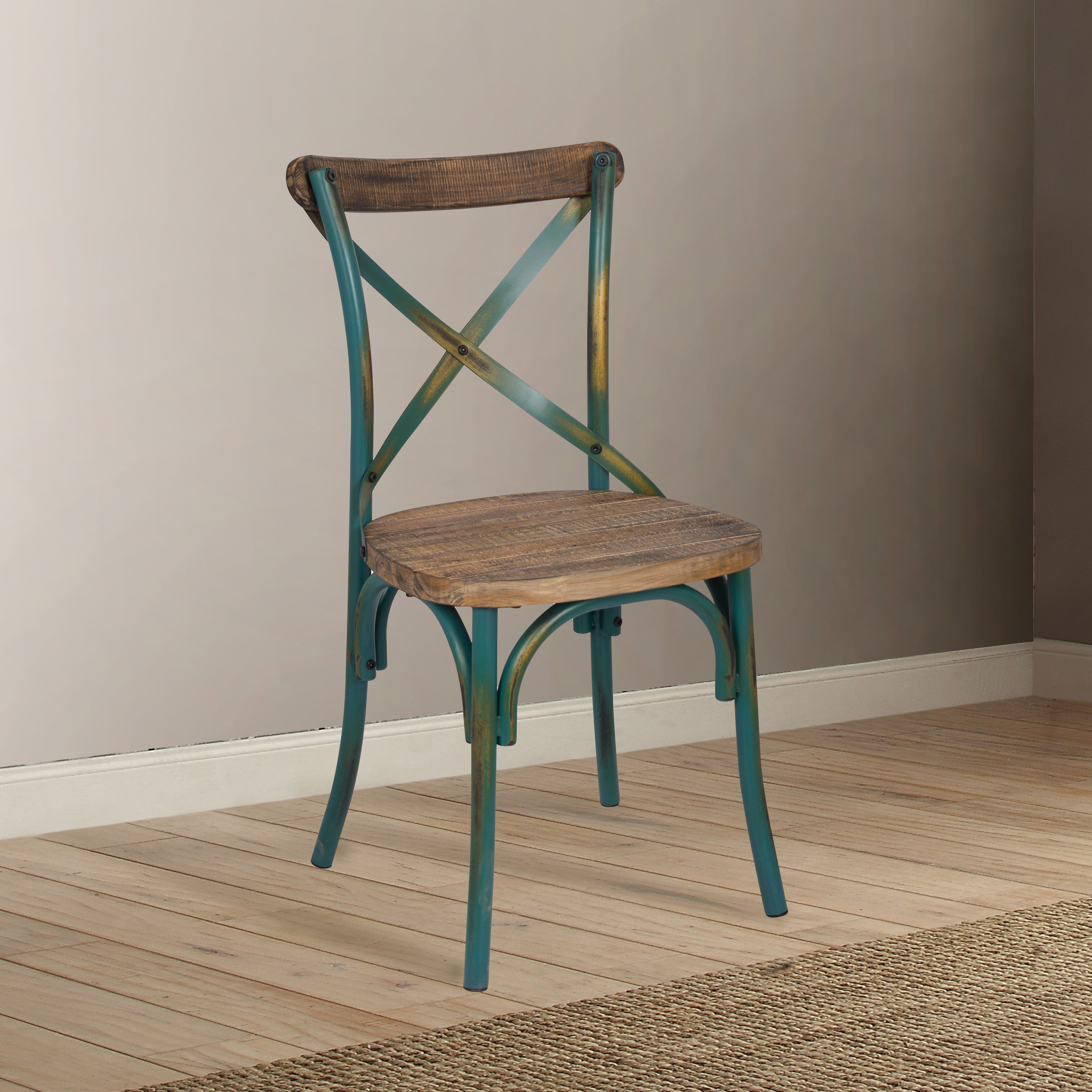 Antique Turquoise and Antique Oak Cross Back Side Chair