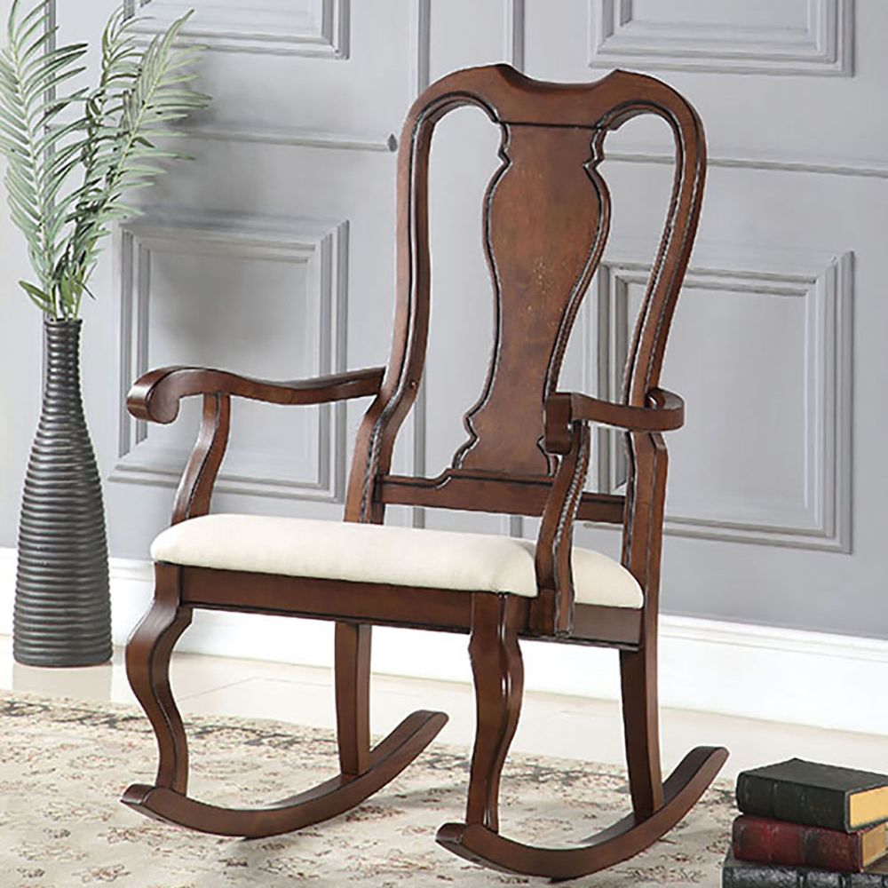Beige and Cherry Queen Anne Back Rocking Chair
