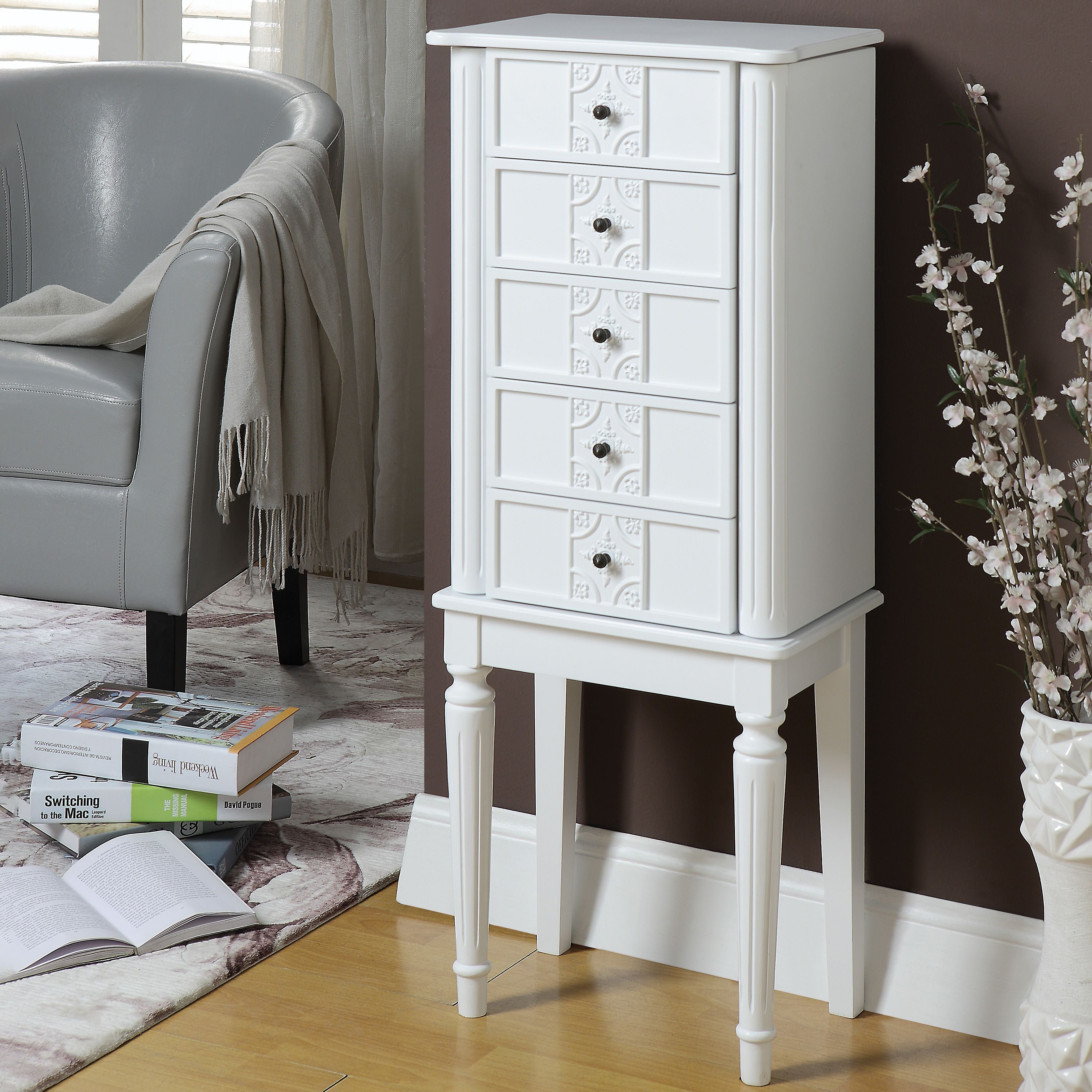 White 4-drawer Jewelry Armoire with Mirror
