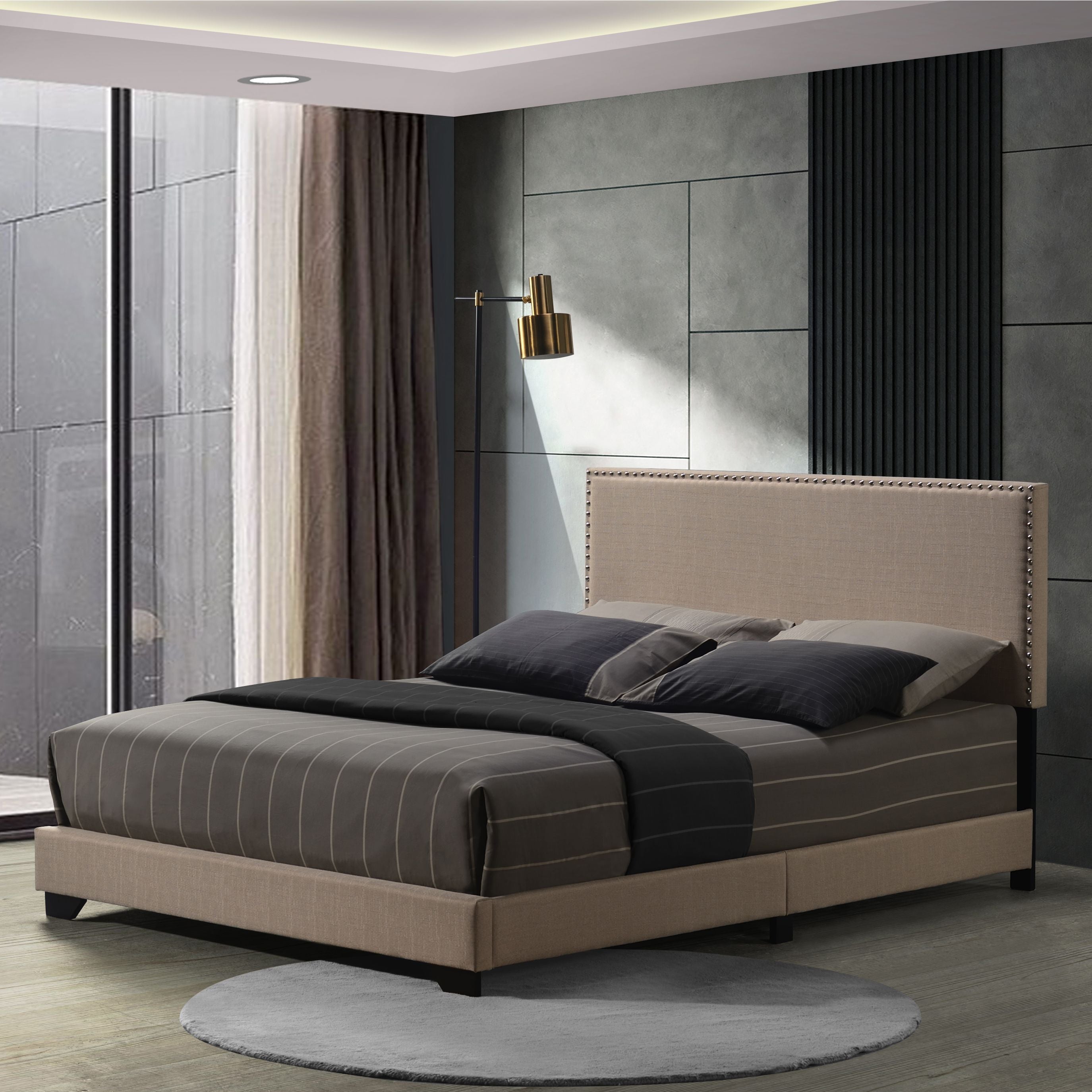 Beige Queen Panel Bed with Nailhead Trim