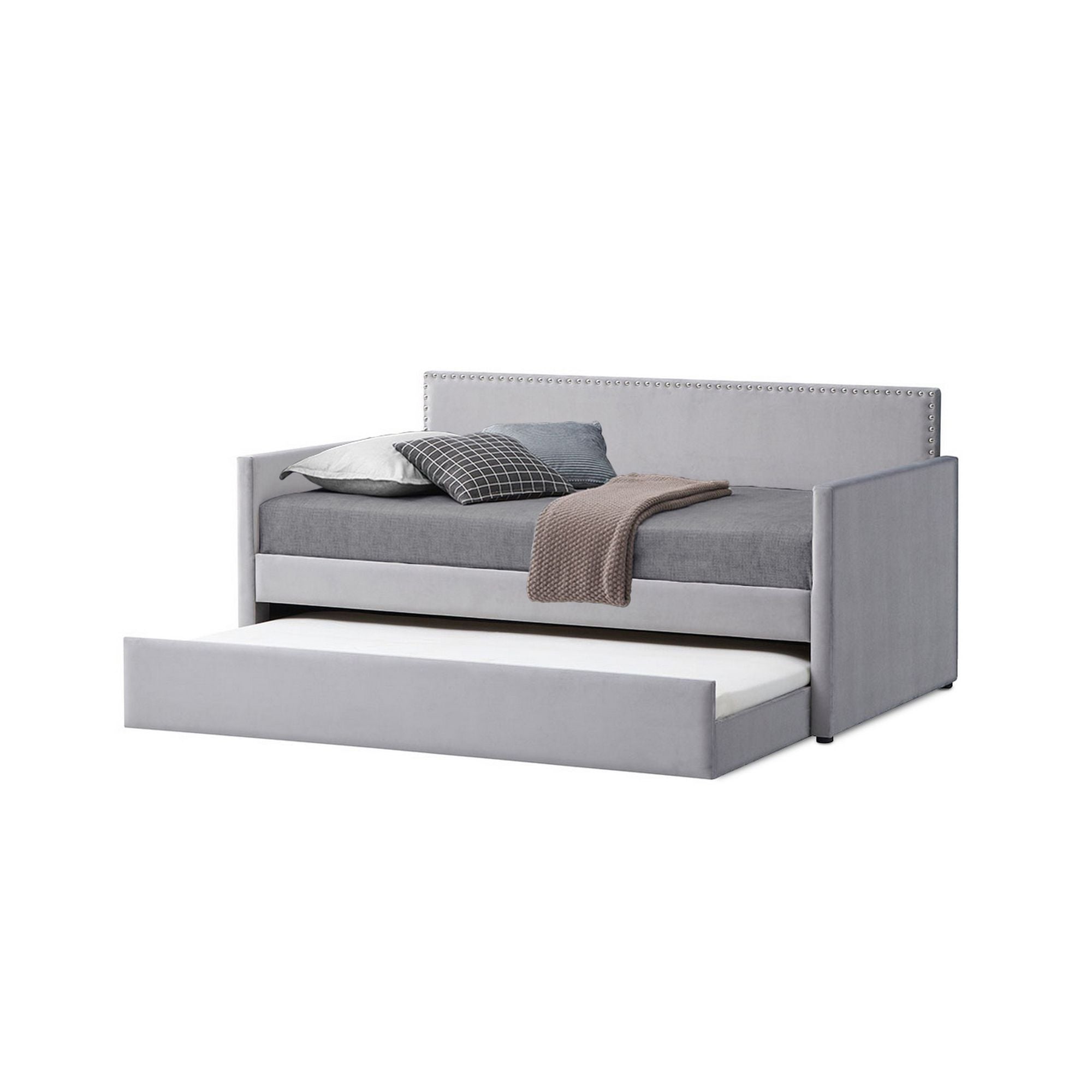 Modern Twin Daybed with Trundle, Nailhead Trim Backing, Soft Gray Velvet