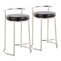 Round Fuji 26 Contemporary Fixed-Height Counter Stool in Stainless Steel and Black Faux Leather by LumiSource - Set of 2