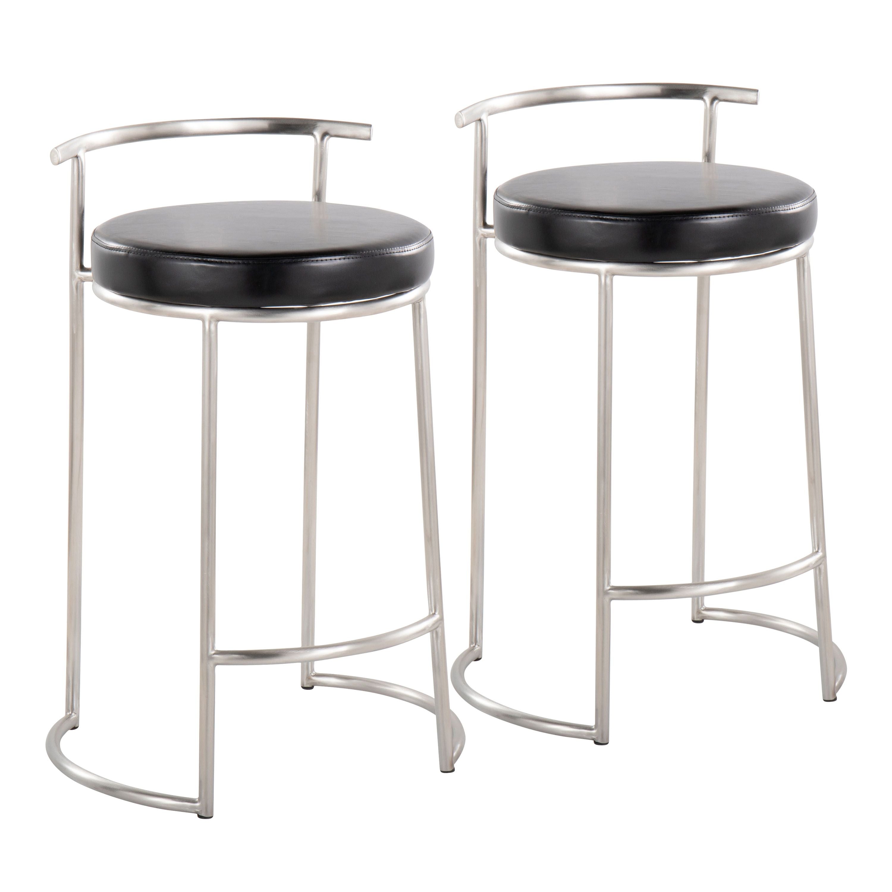 Round Fuji 26 Contemporary Fixed-Height Counter Stool in Stainless Steel and Black Faux Leather by LumiSource - Set of 2