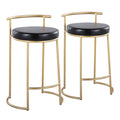 Round Fuji 26 Contemporary Fixed-Height Counter Stool in Gold Metal and Black Faux Leather by LumiSource - Set of 2