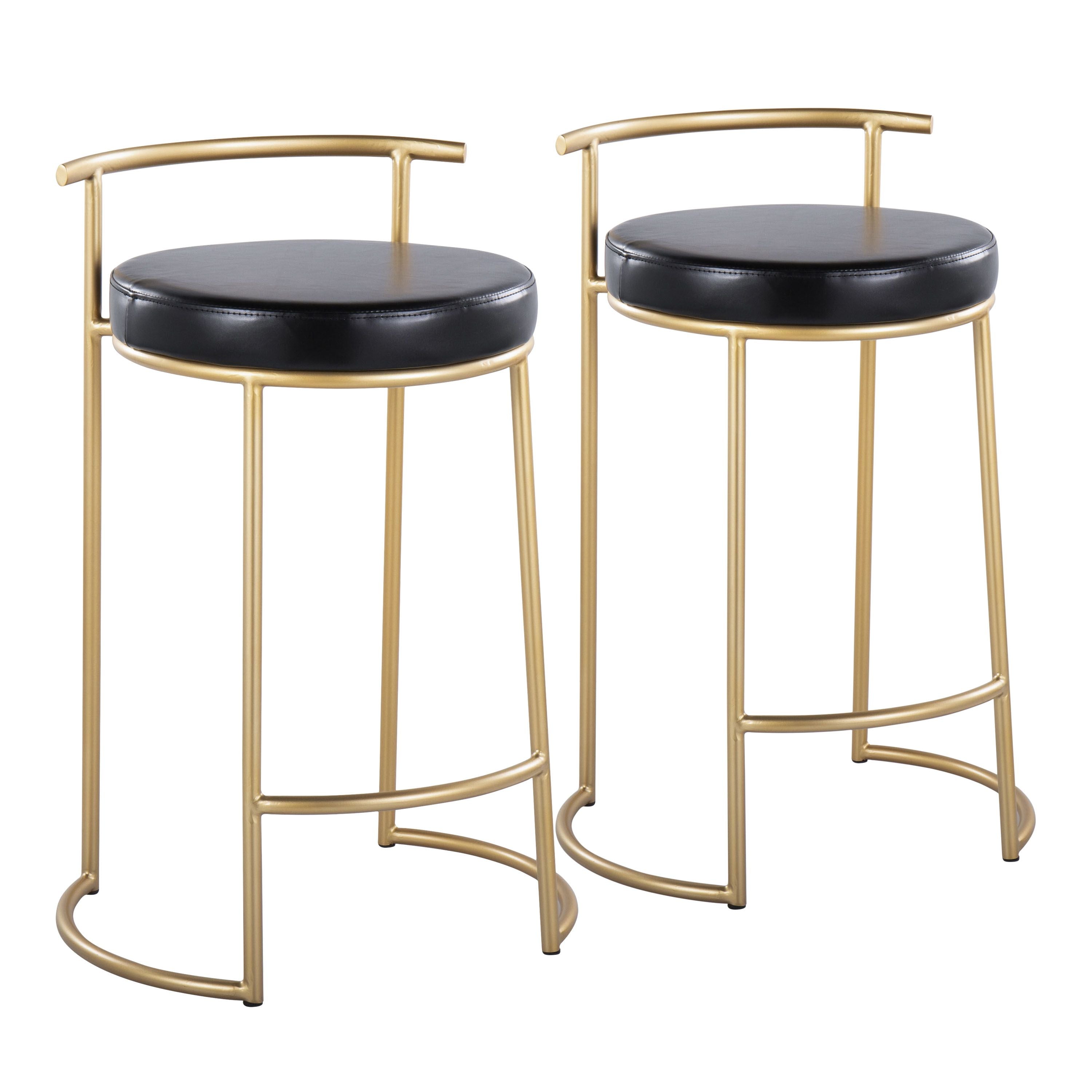 Round Fuji 26 Contemporary Fixed-Height Counter Stool in Gold Metal and Black Faux Leather by LumiSource - Set of 2