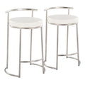 Round Fuji 26 Contemporary Fixed-Height Counter Stool in Stainless Steel and White Faux Leather by LumiSource - Set of 2