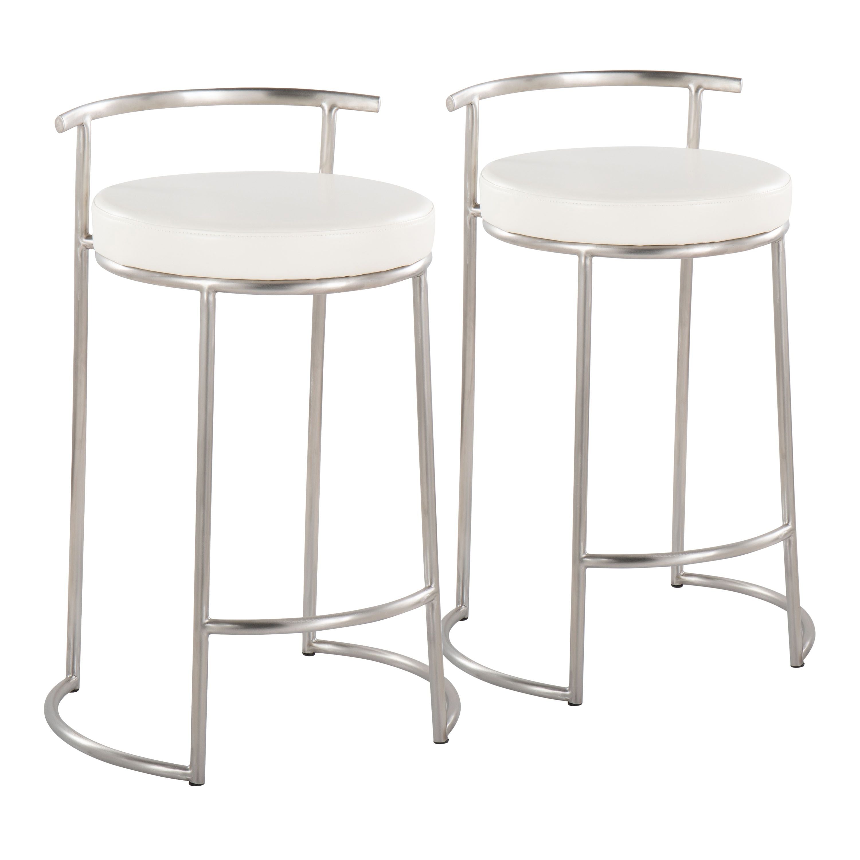 Round Fuji 26 Contemporary Fixed-Height Counter Stool in Stainless Steel and White Faux Leather by LumiSource - Set of 2