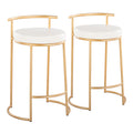 Round Fuji 26 Contemporary Fixed-Height Counter Stool in Gold Metal and White Faux Leather by LumiSource - Set of 2
