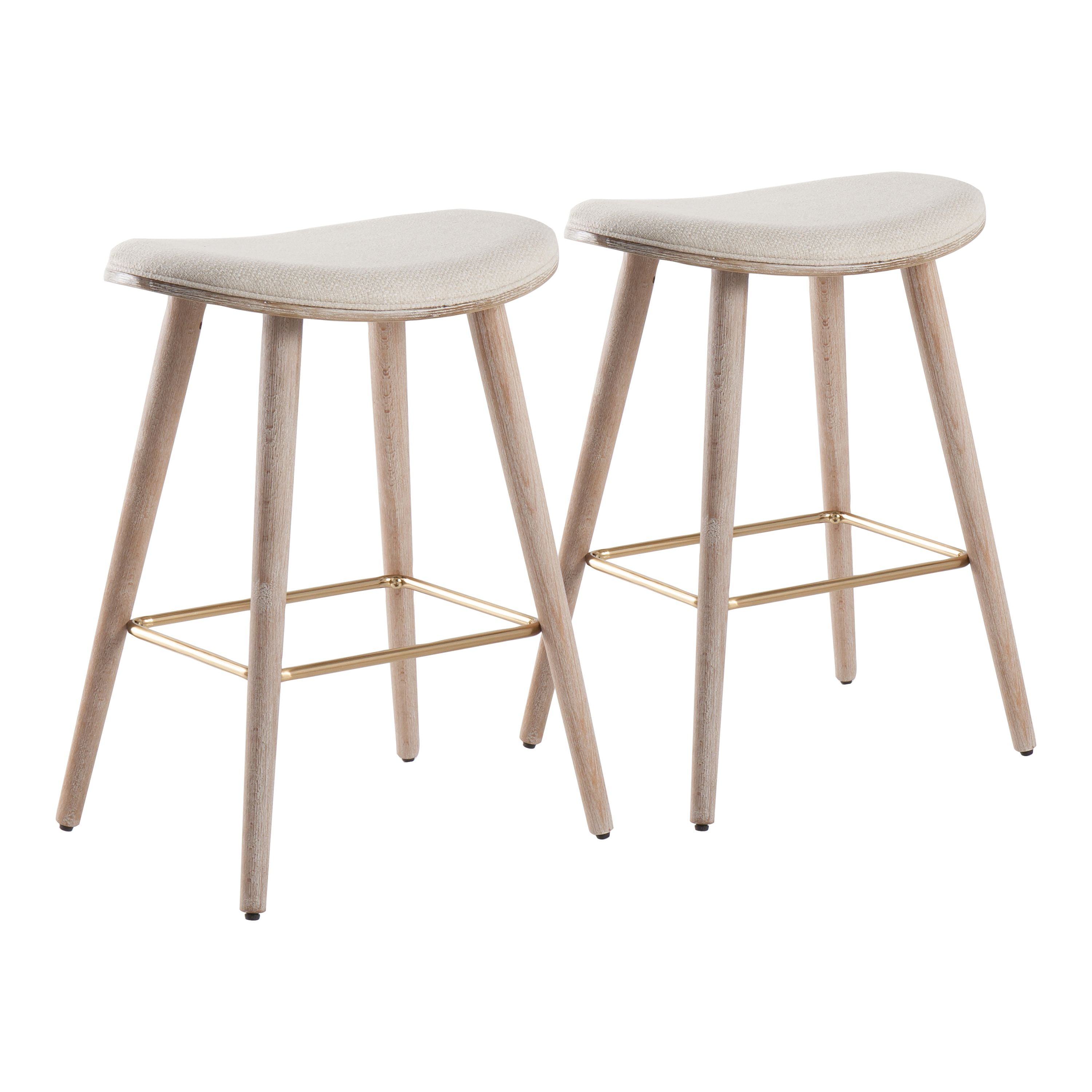 Saddle 26 Contemporary Counter Stool in White Washed Wood and Cream Fabric with Gold Metal by LumiSource - Set of 2