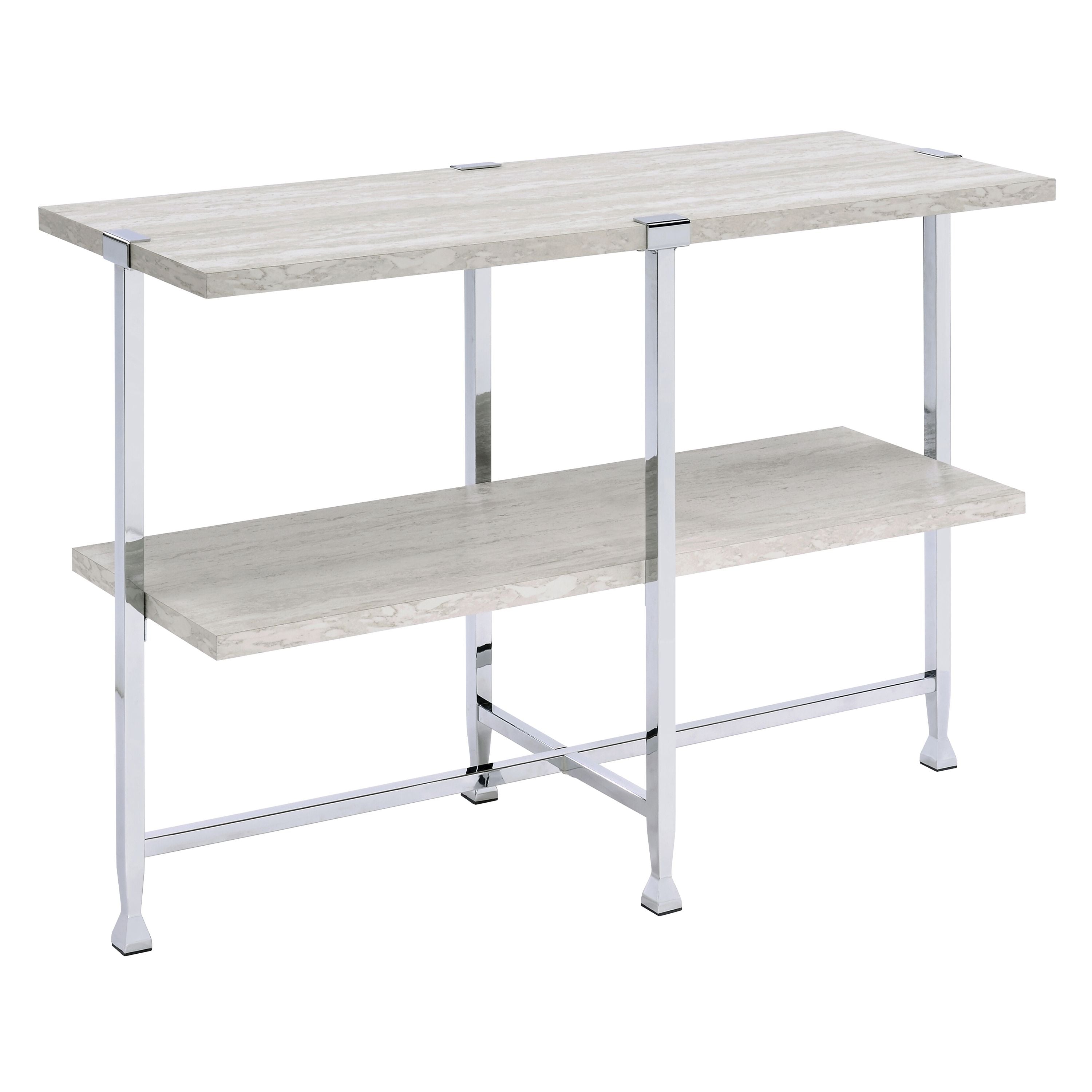 White Oak and Chrome Sofa Table with 1 Shelf