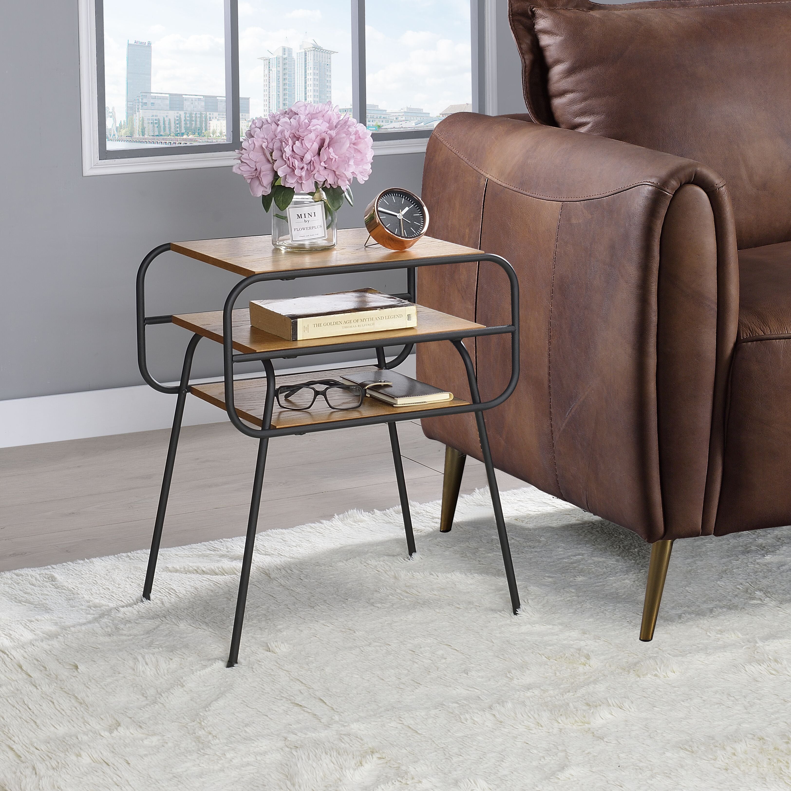 Oak and Black 2-shelf Accent Table