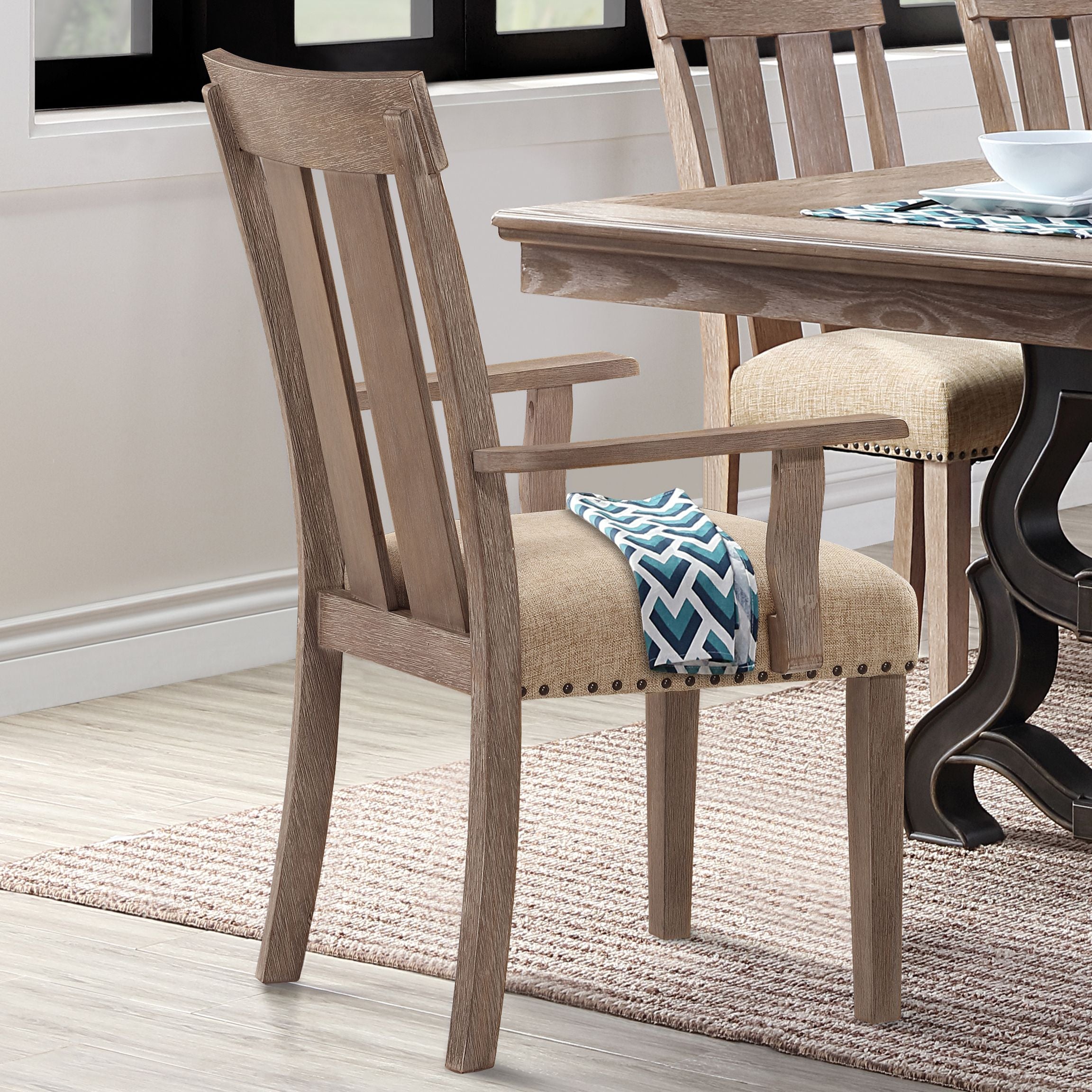 Beige and Maple Padded Arm Chair (Set of 2)