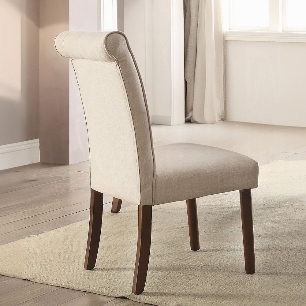 Beige Linen and Walnut Side Chair with Tufted Back (Set of 2)