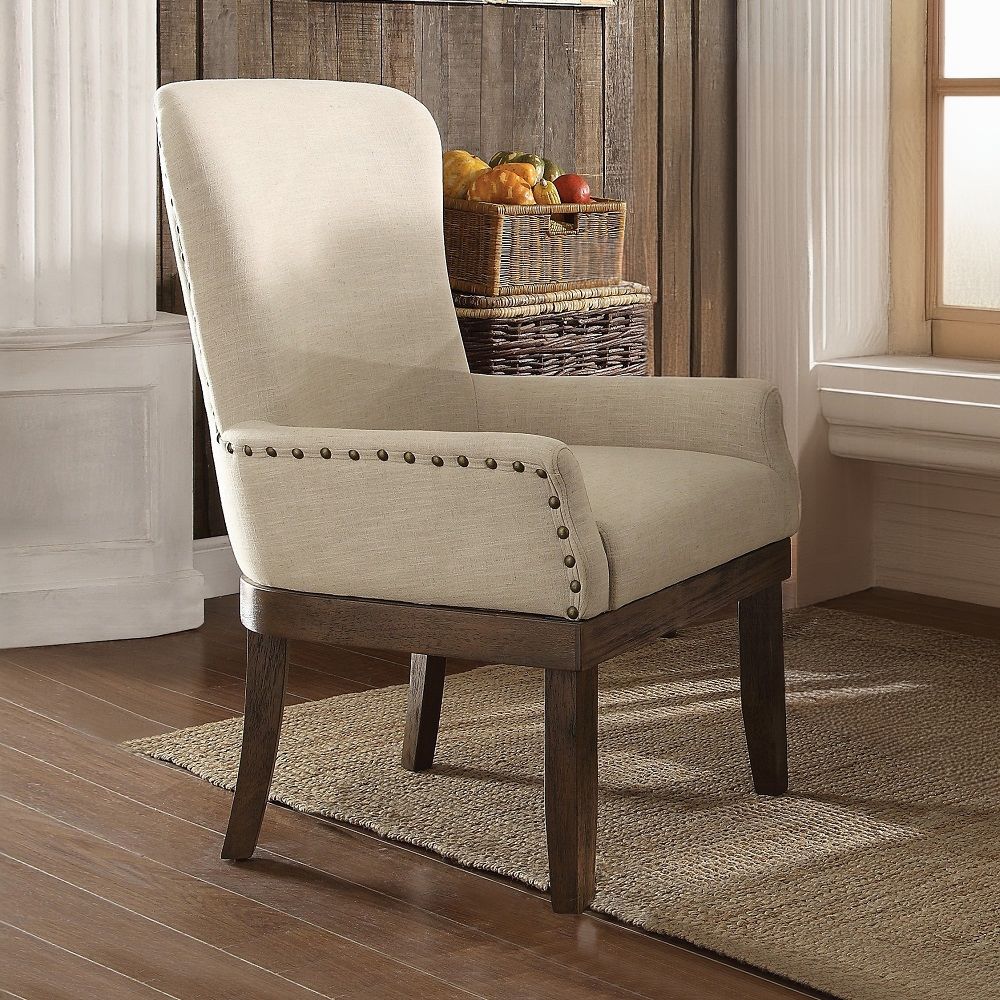 Beige and Salvage Brown Arm Chair with Nailhead Trim
