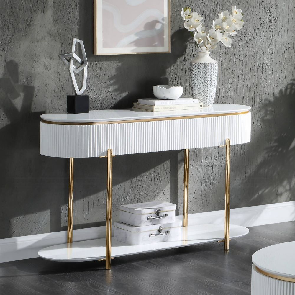 White High Gloss and Gold Sofa Table with Metal Leg