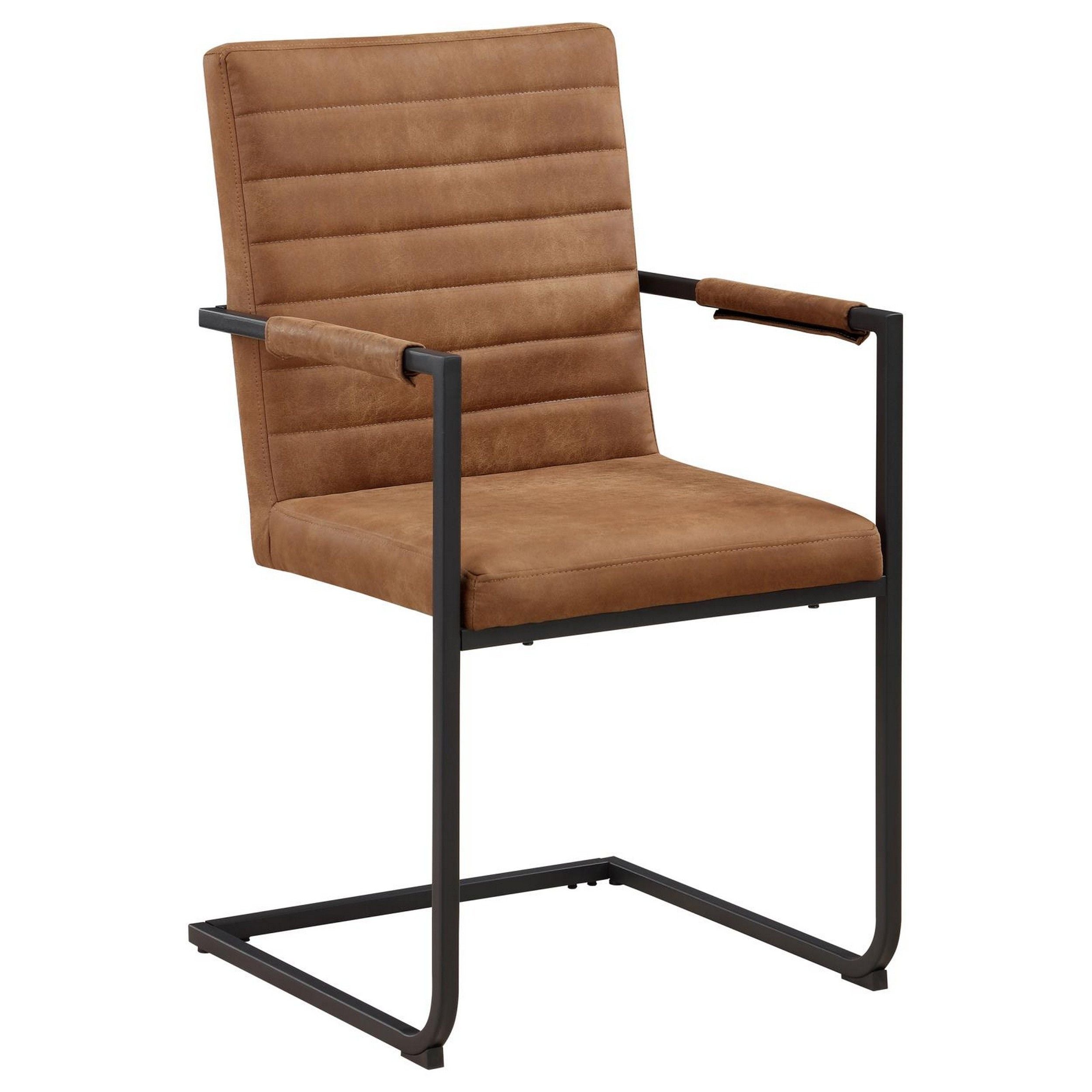 22 Inch Armchair, Set of 2, Brown Vegan Leather, Black Cantilever Base