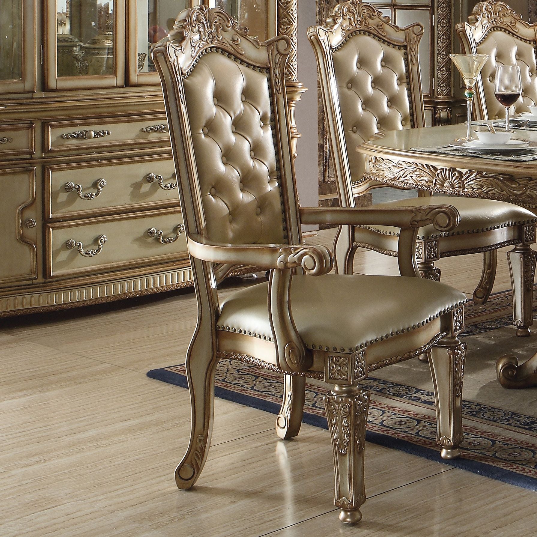 Bone and Gold Patina Arm Chair with Tufted Back (Set of 2)