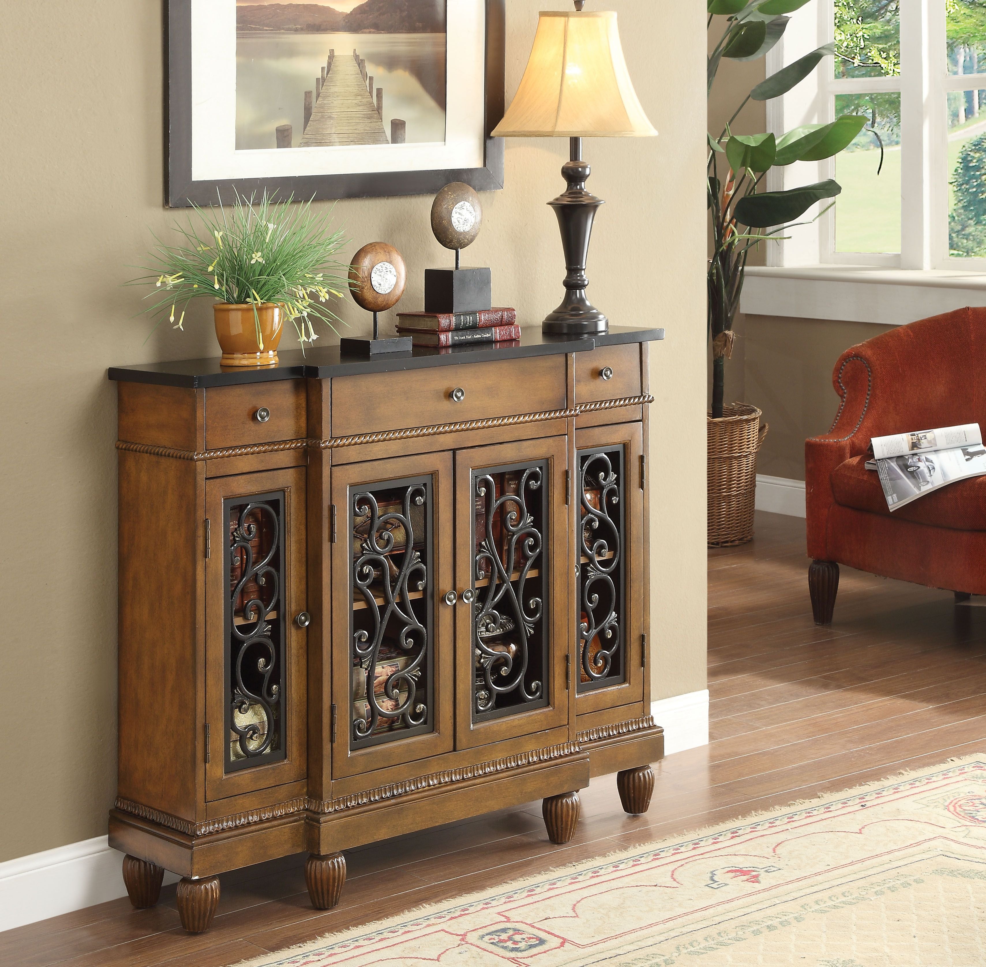Oak 4-Door Console Cabinet with 3 Drawer