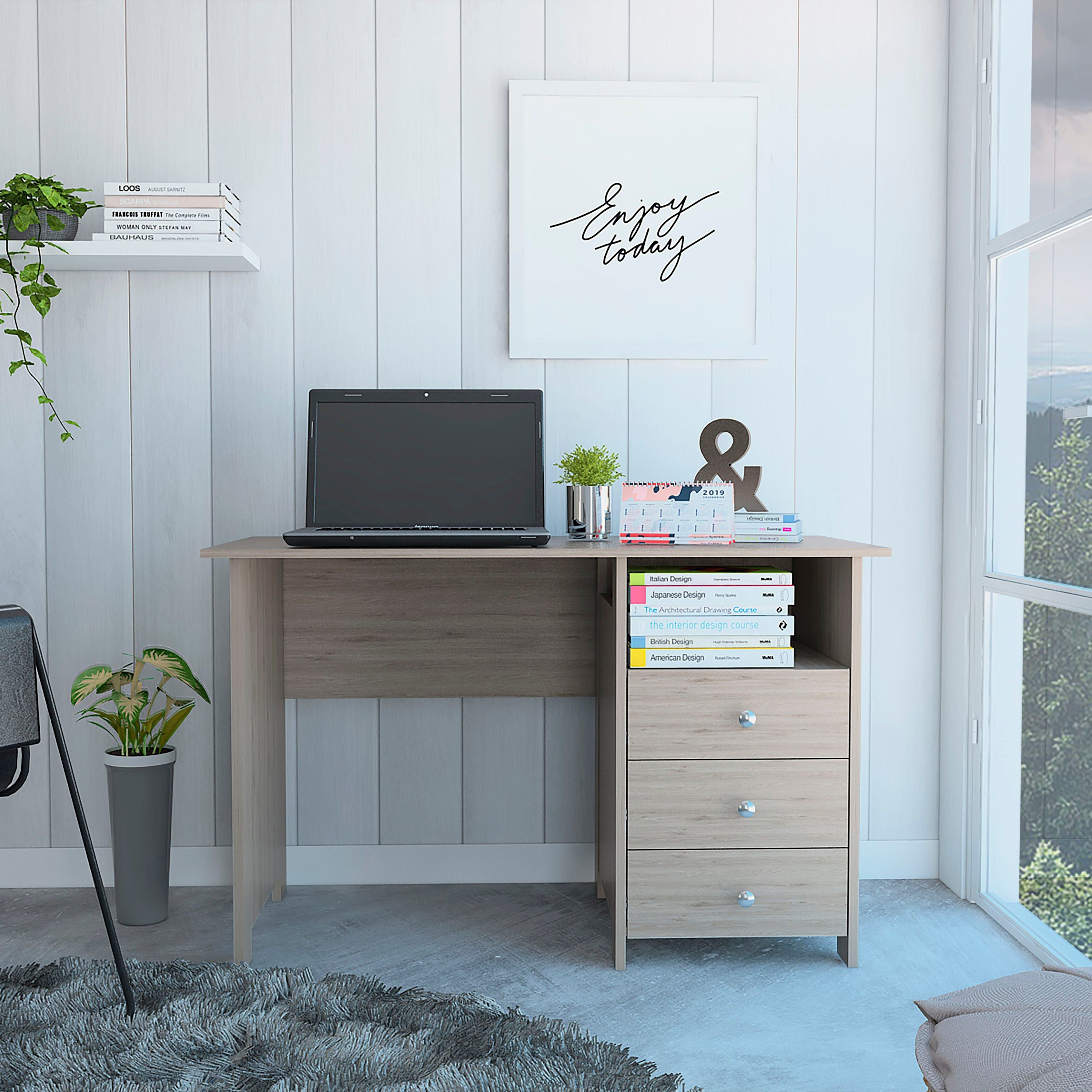 Edgewater 3-Drawer Writing Desk with Open Compartment Light Gray