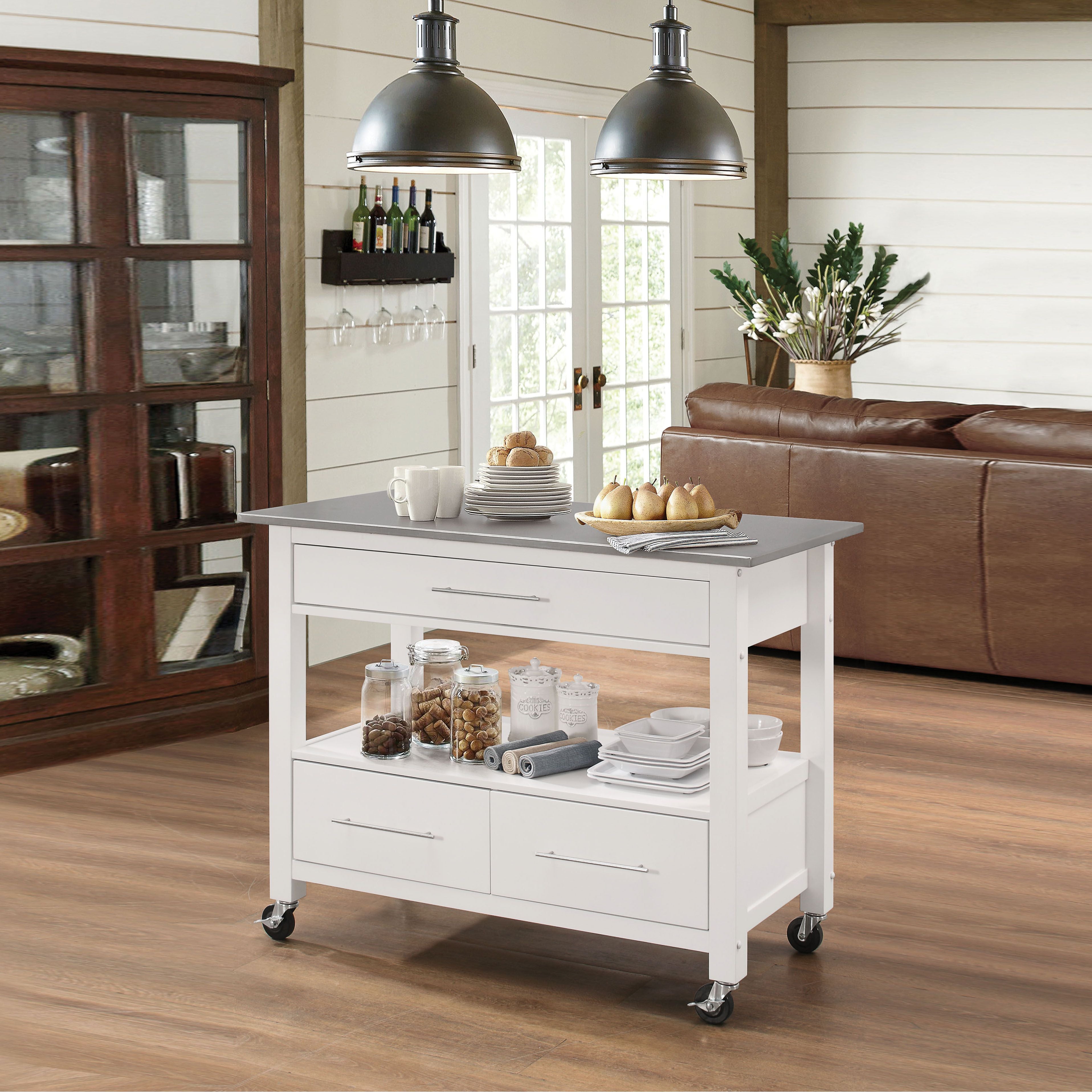 Stainless Steel and White 1-Shelf Kitchen Cart with Locking Casters