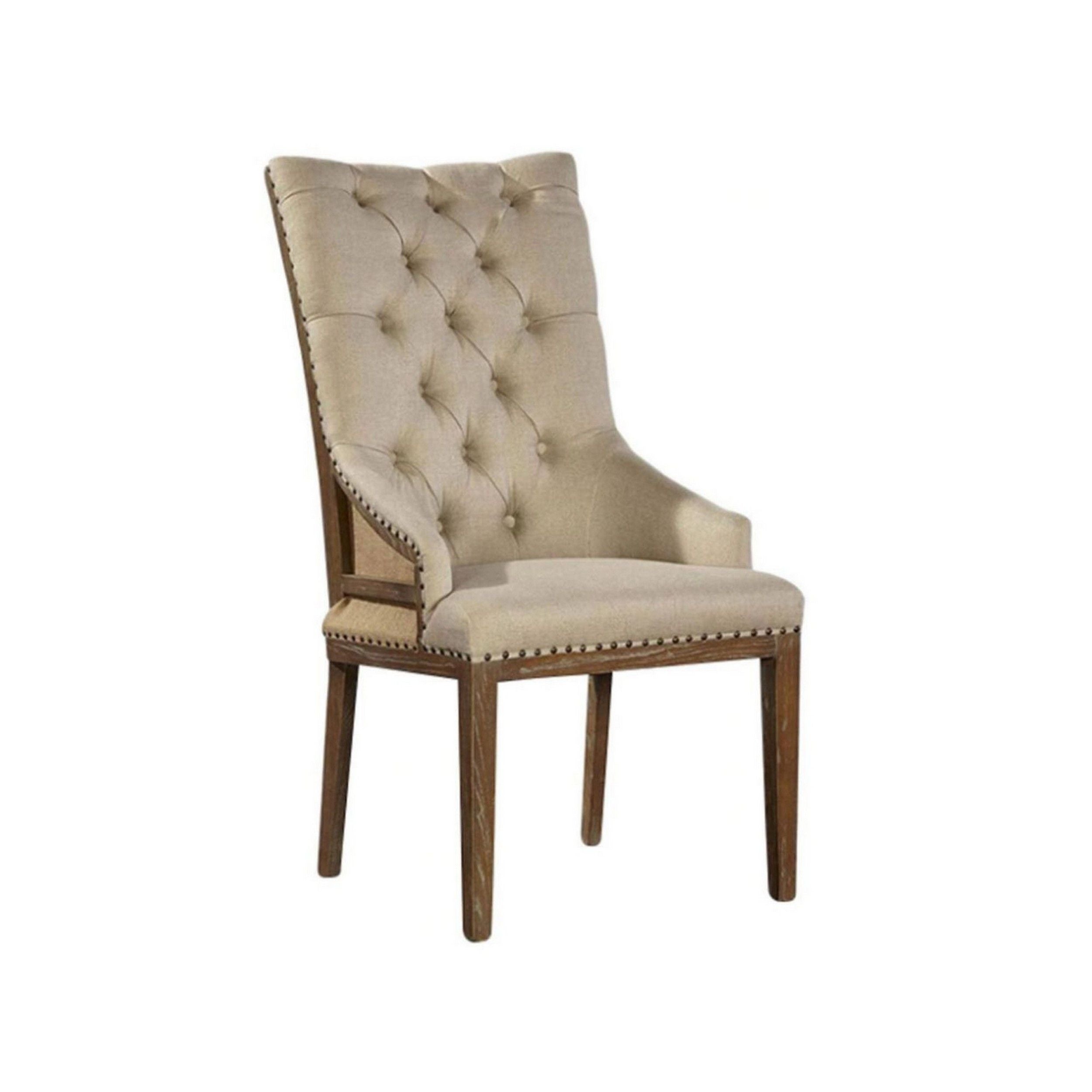 28 Inch Dining Chair, Button Tufted Backrest, Nailhead Trim, Beige Linen