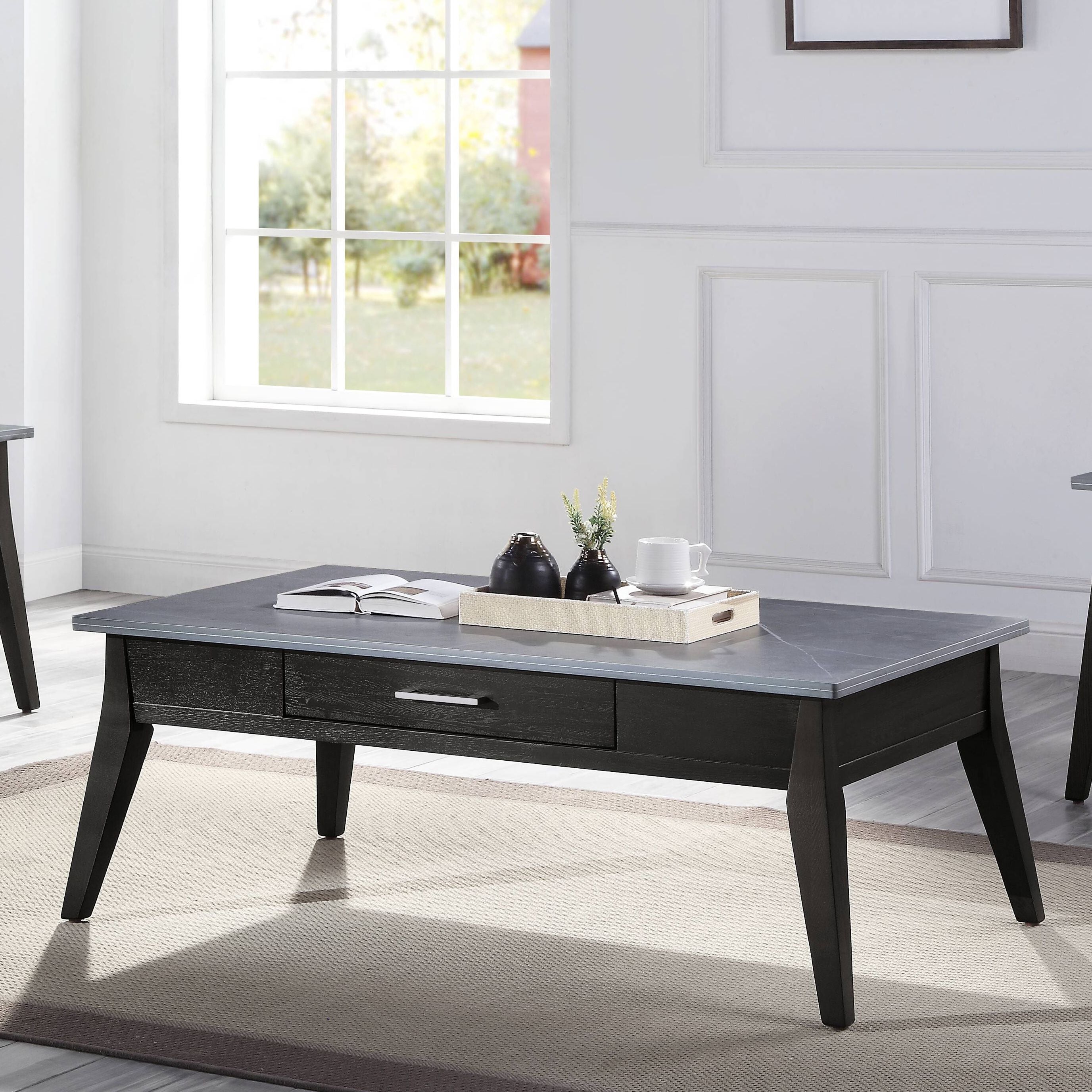 Sintered Stone and Dark Brown 1-Drawer Coffee Table