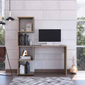 Light Oak and White Writing Desk with Geometric Bookcase