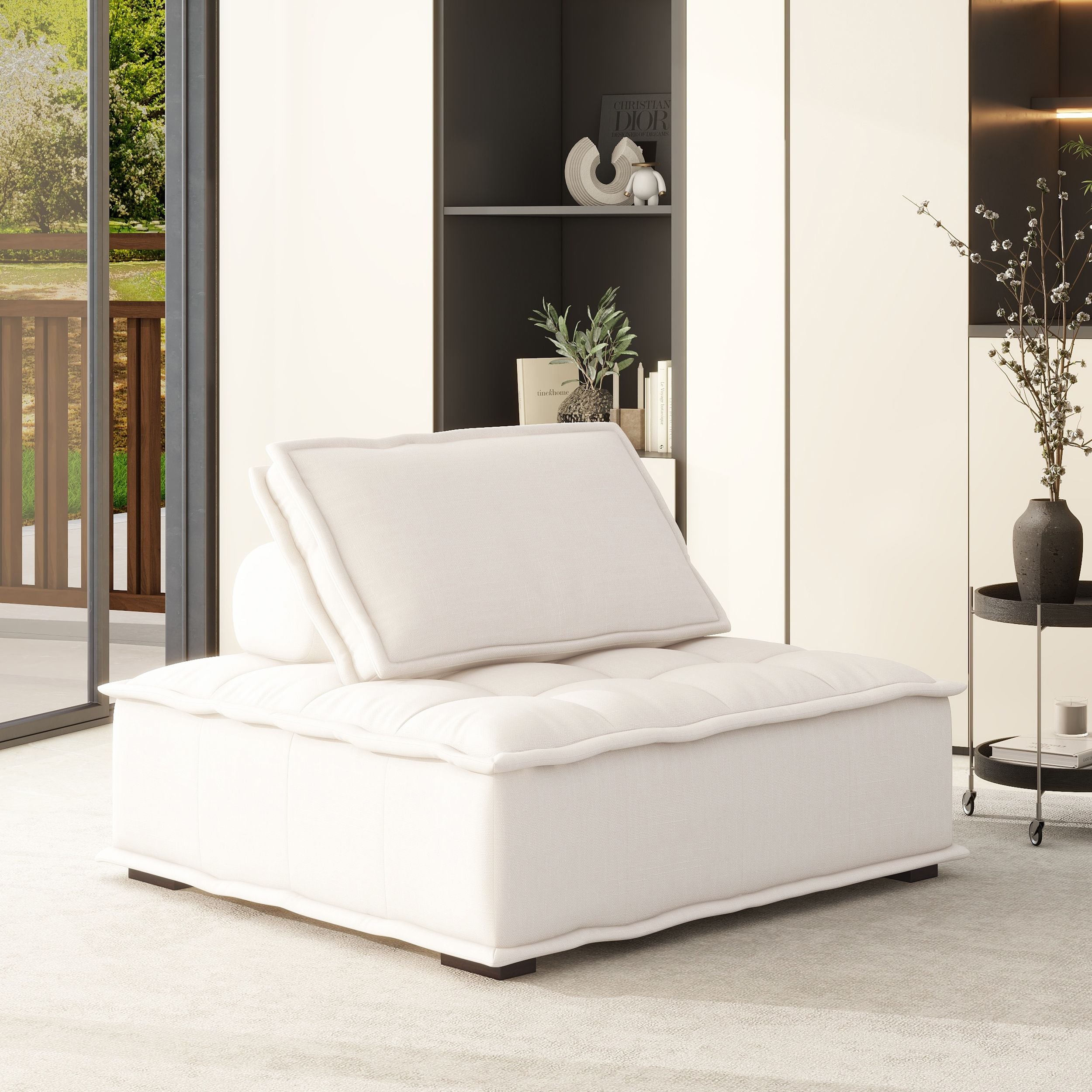 Arwen 42 Square Modular Pillow-Back Lounge Chair, White Beige Linen Blend