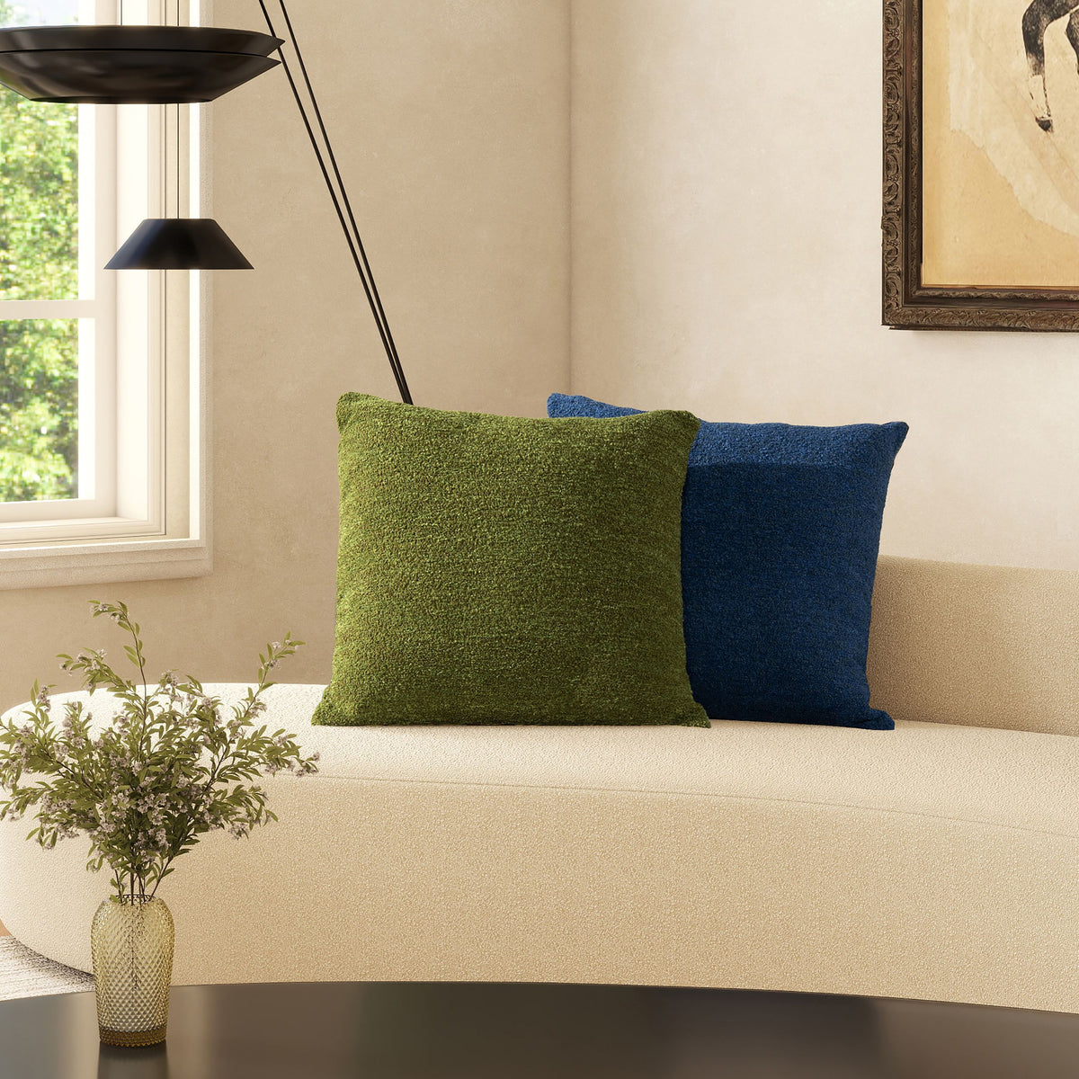 Astrid 20' Square Accent Throw Pillow Cover With Feather Insert, Moss Green Boucle