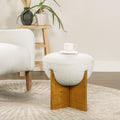 Bali 18.5 Round Upholstered Ottoman with Natural Wood Base, Ivory White Boucle