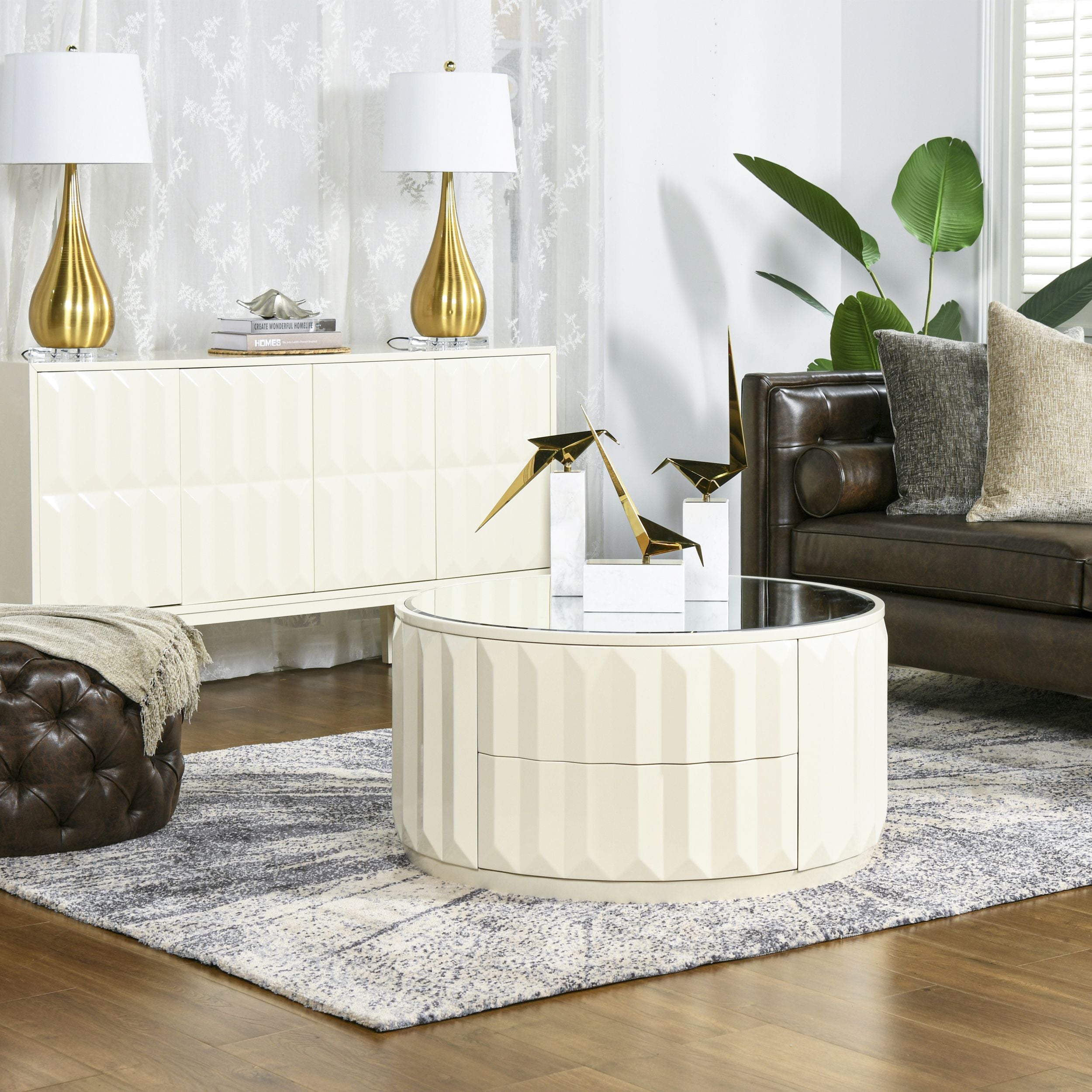 Facino 35.5 Round Storage Coffee Table, White Lacquer Birchwood