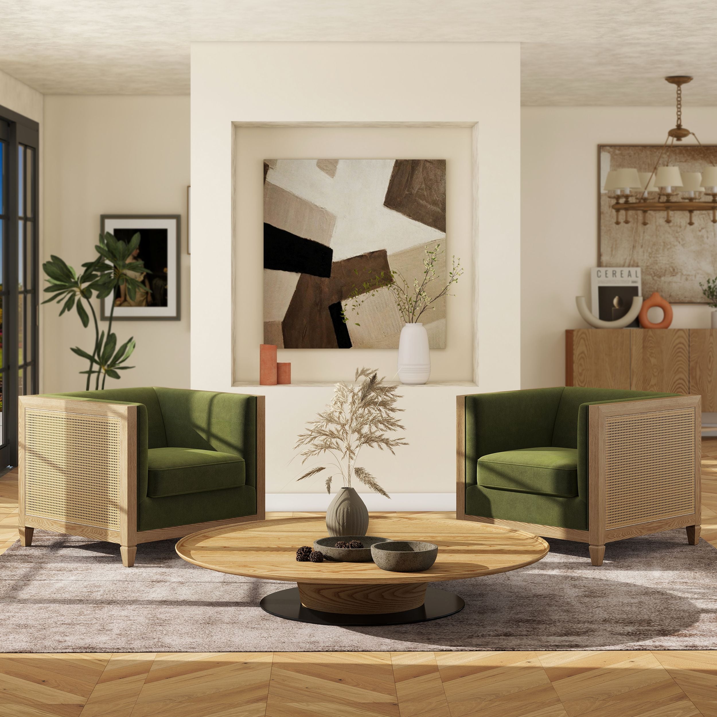 Georgia 34 Cane Rattan Tuxedo Armchair, Olive Green Performance Velvet