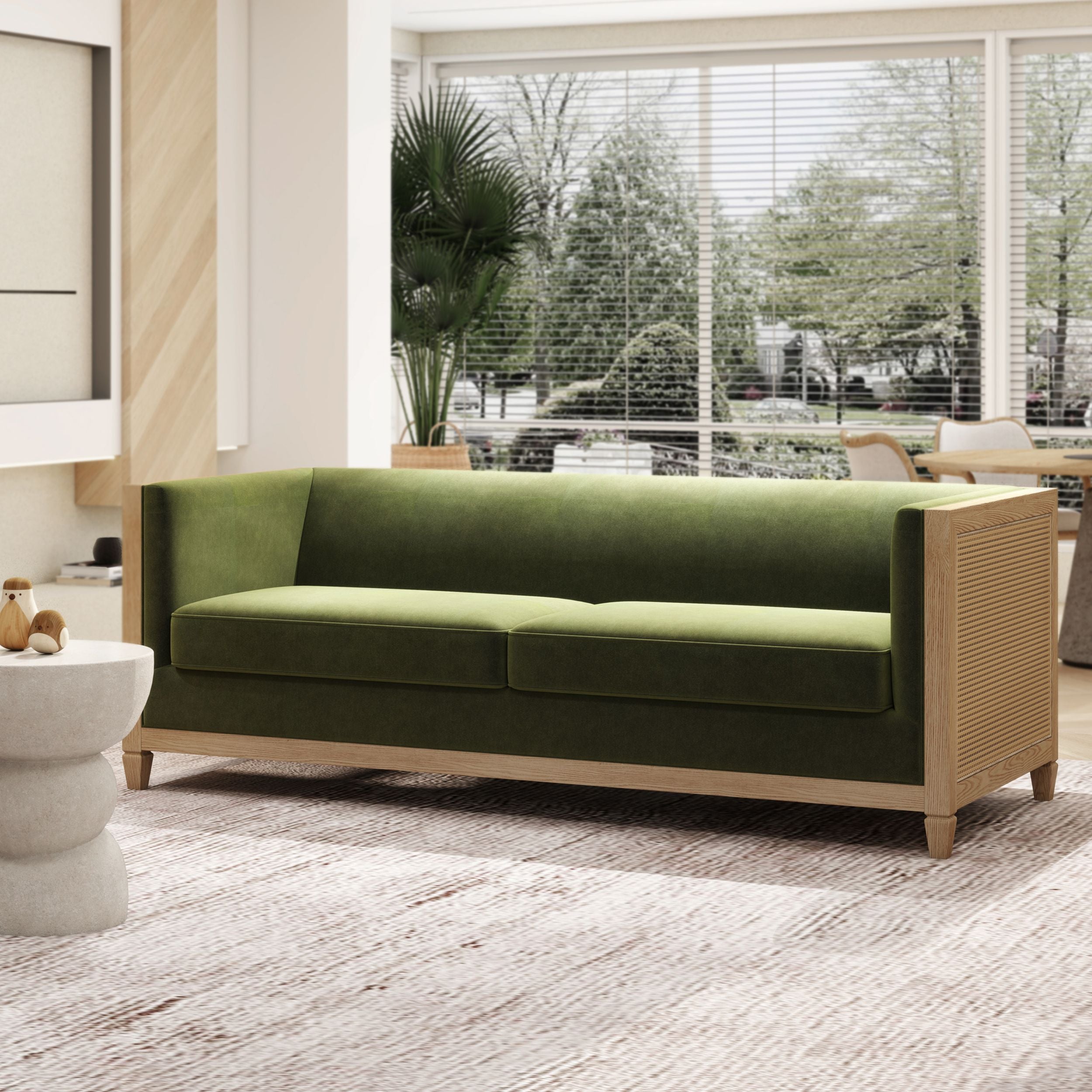 Georgia 81 Cane Rattan Tuxedo Sofa, Olive Green Performance Velvet