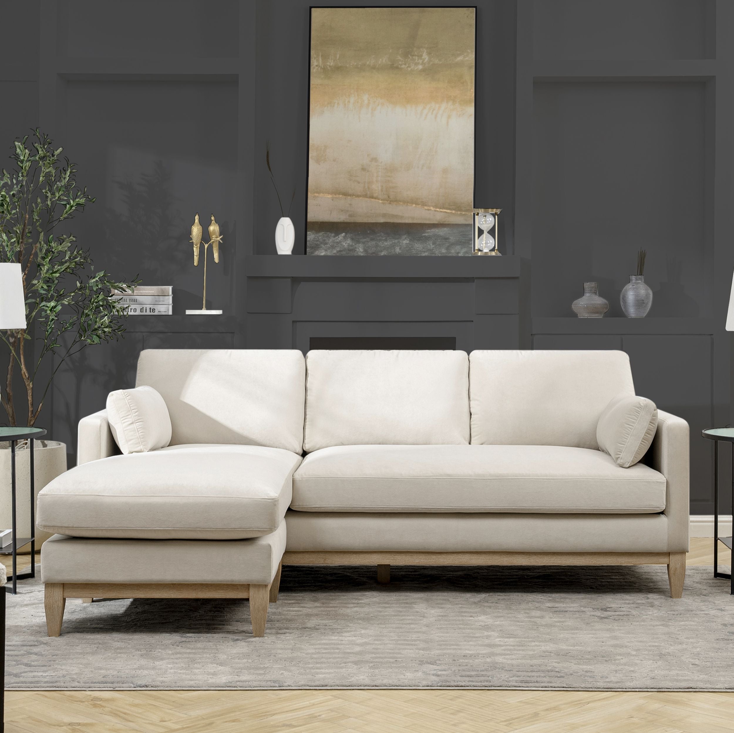 Knox 89 Modern Farmhouse Reversible Chaise Sectional Sofa, French Beige Performance Velvet