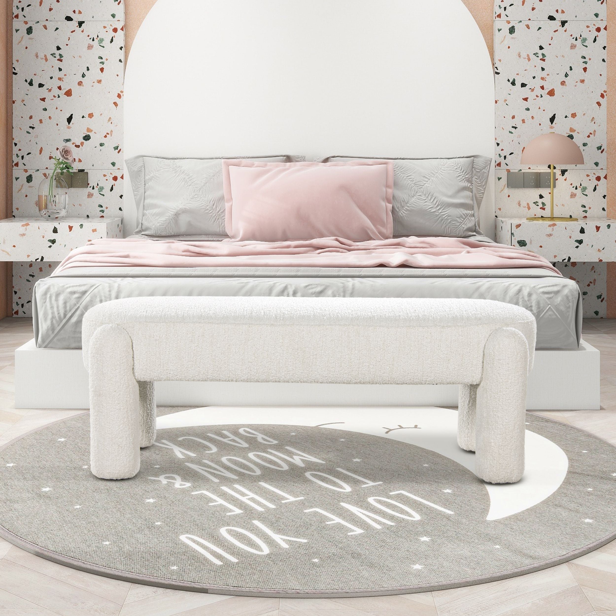 Hugo 49 Oval Fully Upholstered Bench, Milk Cream White Boucle