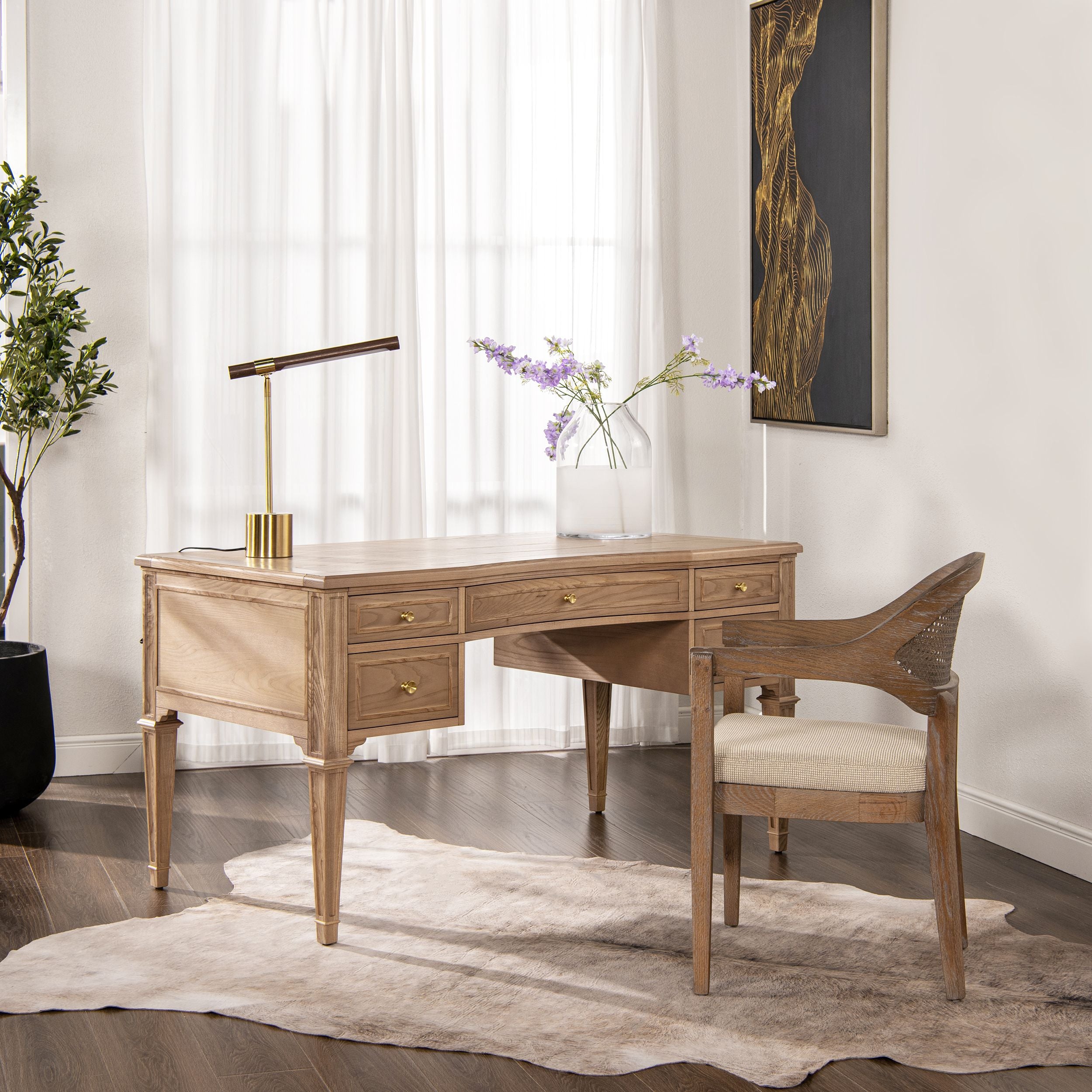 Dauphin Gold Accent 5-Drawer Wood Executive Desk, Natural Brown Wood
