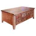 Fena 50 Inch 8 Drawer Coffee Table, Lift Top, Multicolor Distress Pine Wood