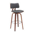 Pino 30 Inch Swivel Barstool Chair, Gray Faux Leather, Walnut Brown Wood