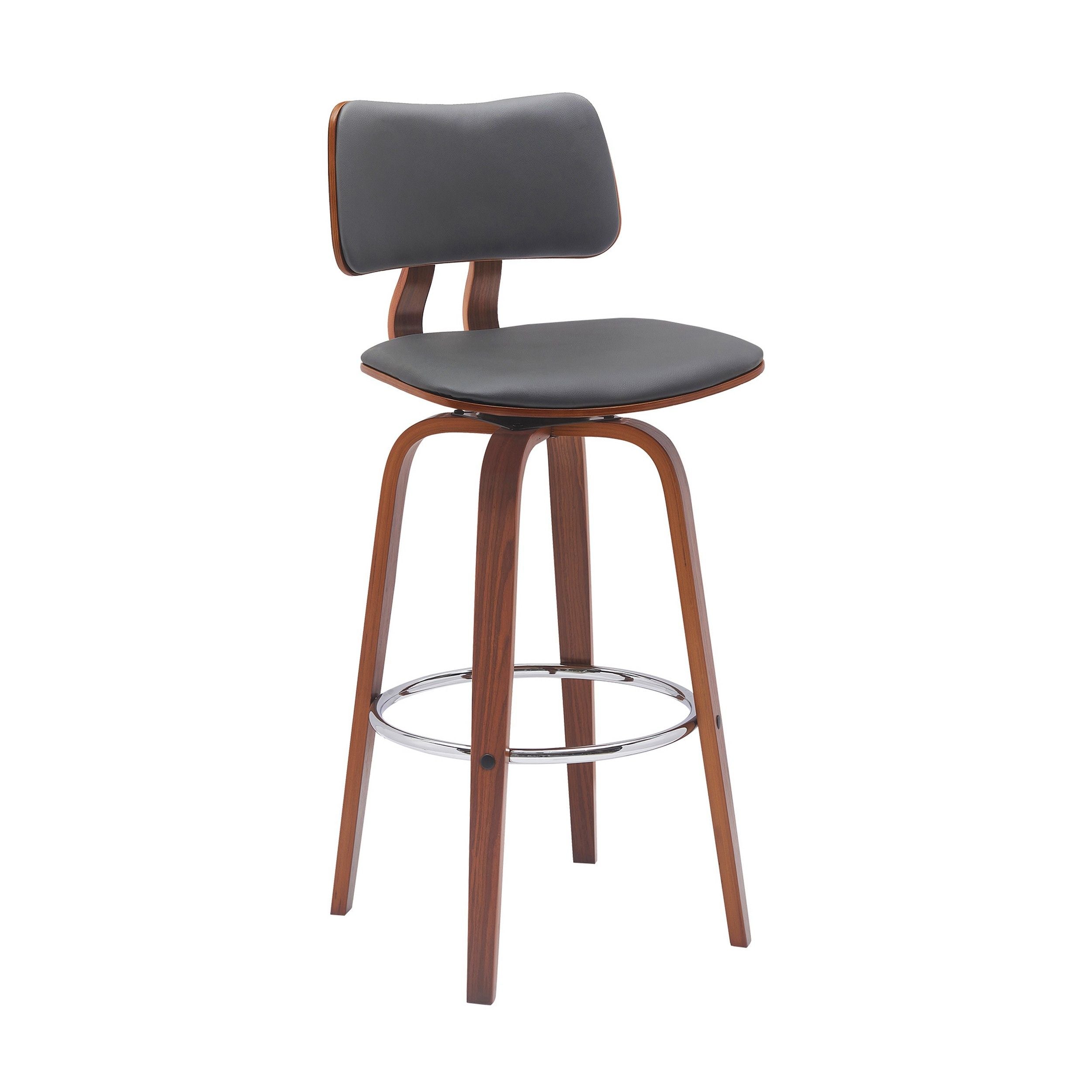 Pino 30 Inch Swivel Barstool Chair, Gray Faux Leather, Walnut Brown Wood