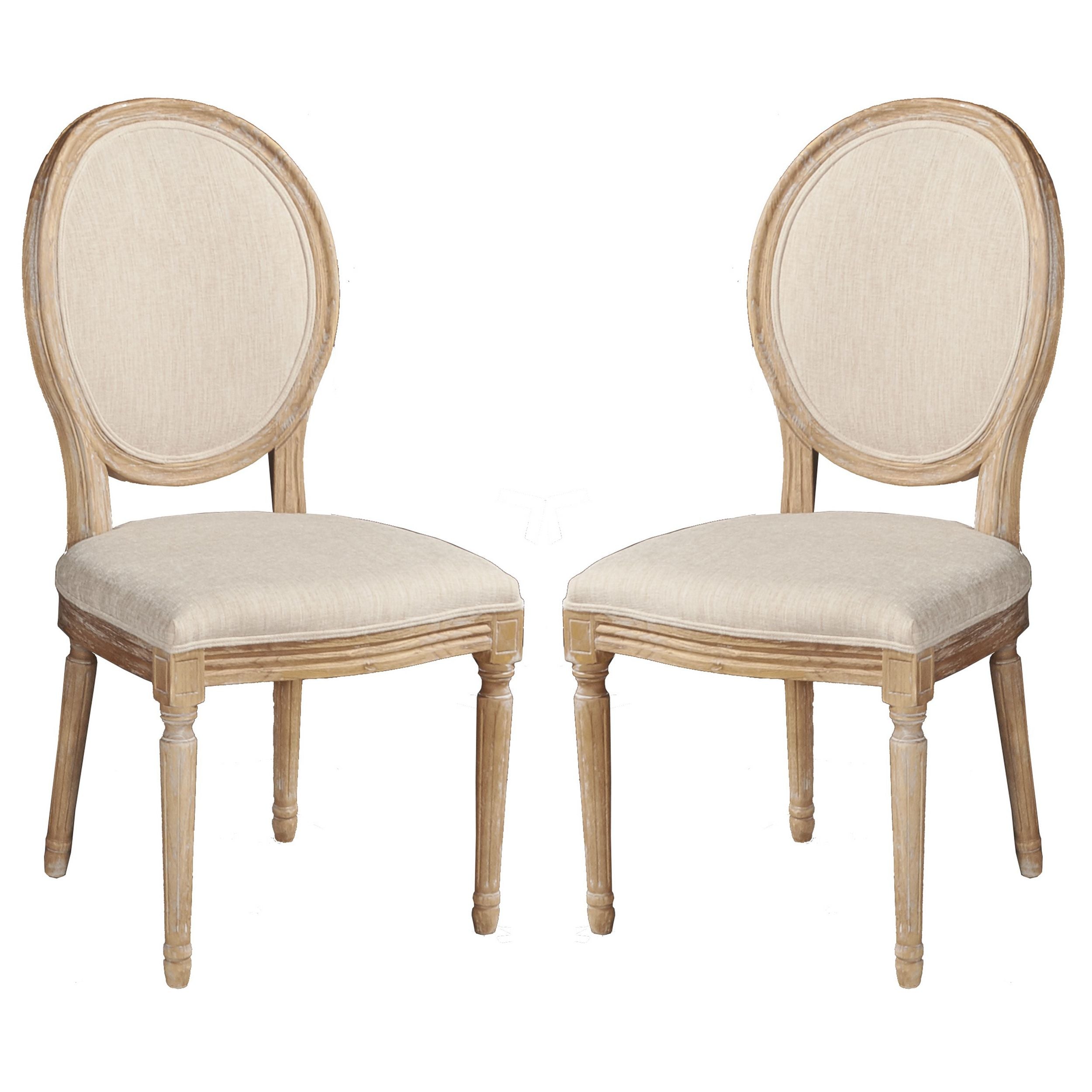 24 Inch Distressed Wood Dining Chair, Beige Fabric,Set of 2, Natural Brown