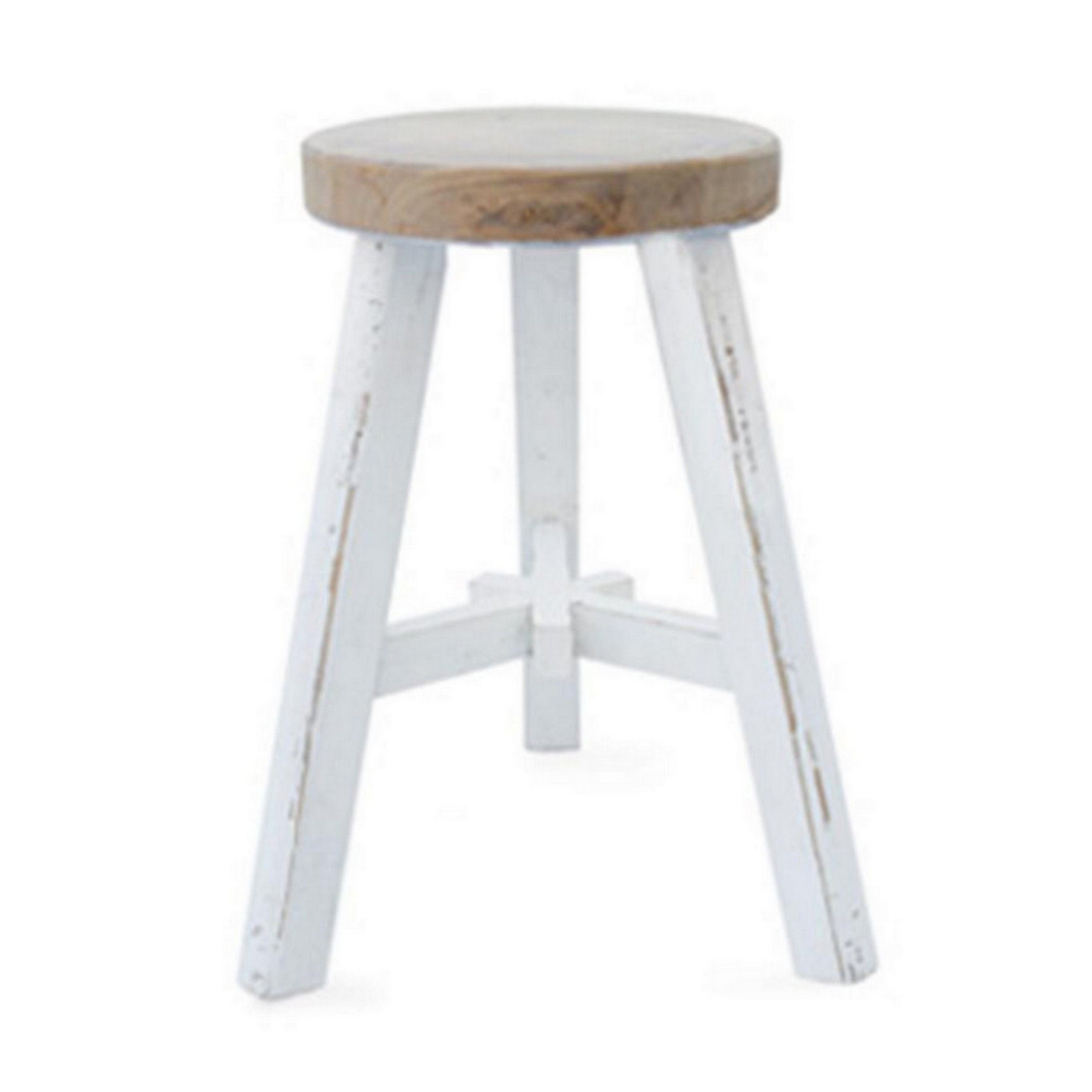 17 Inch Accent Stool, Round Brown Seat, Hand Painted White Tripod Legs