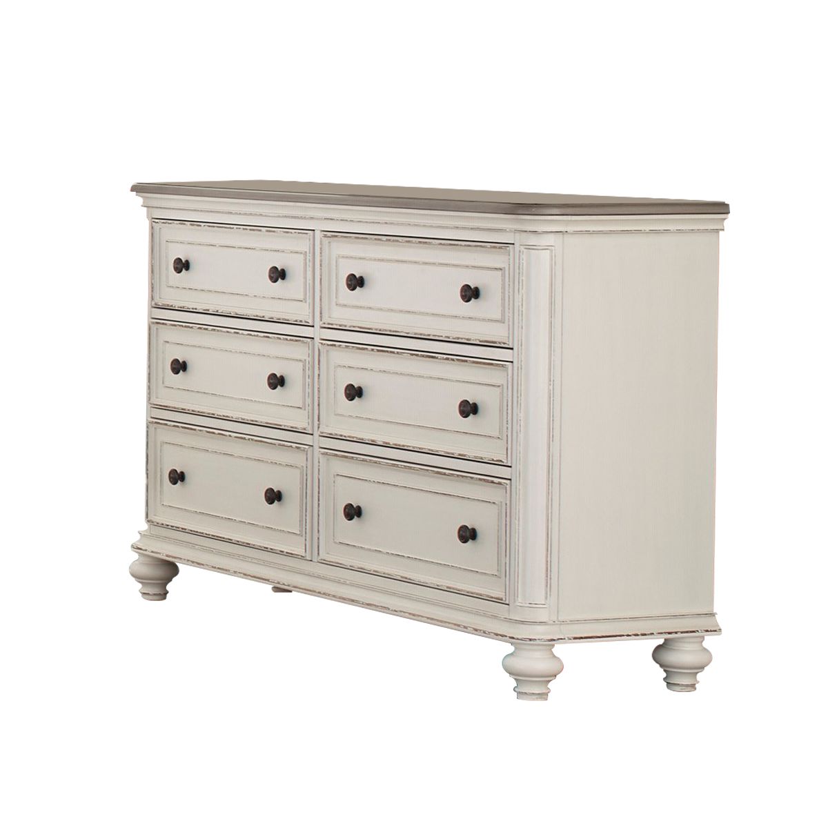 6 Drawer Wooden Dresser with Distressed Detail, Antique White and Brown