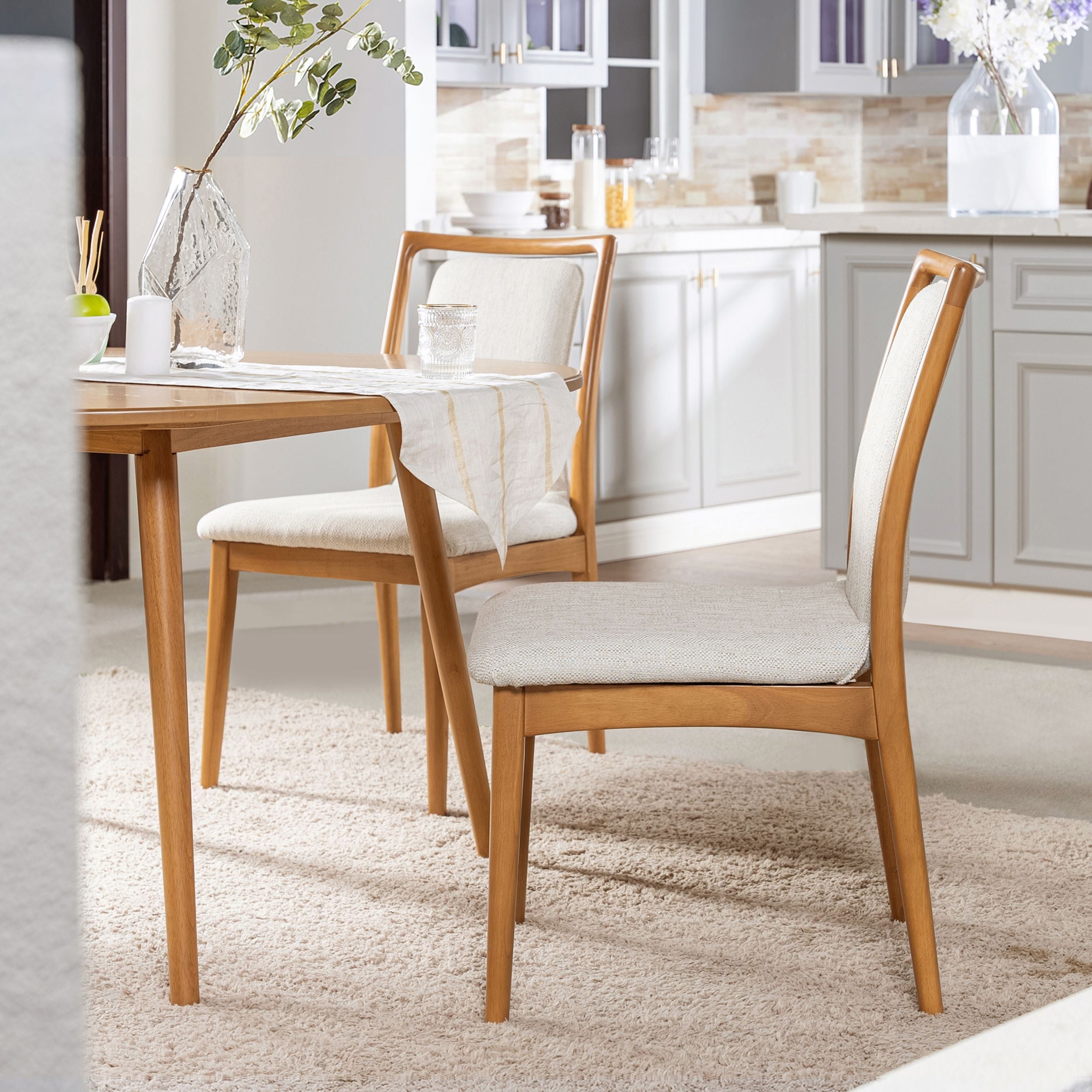 Scandi Upholstered Natural Light Brown Wood Dining Chair, Set of 2, White Pepper Stain Resistant High Performance Polyester