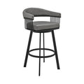 Swivel Barstool with Open Metal Frame and Slatted Arms, Gray and Black