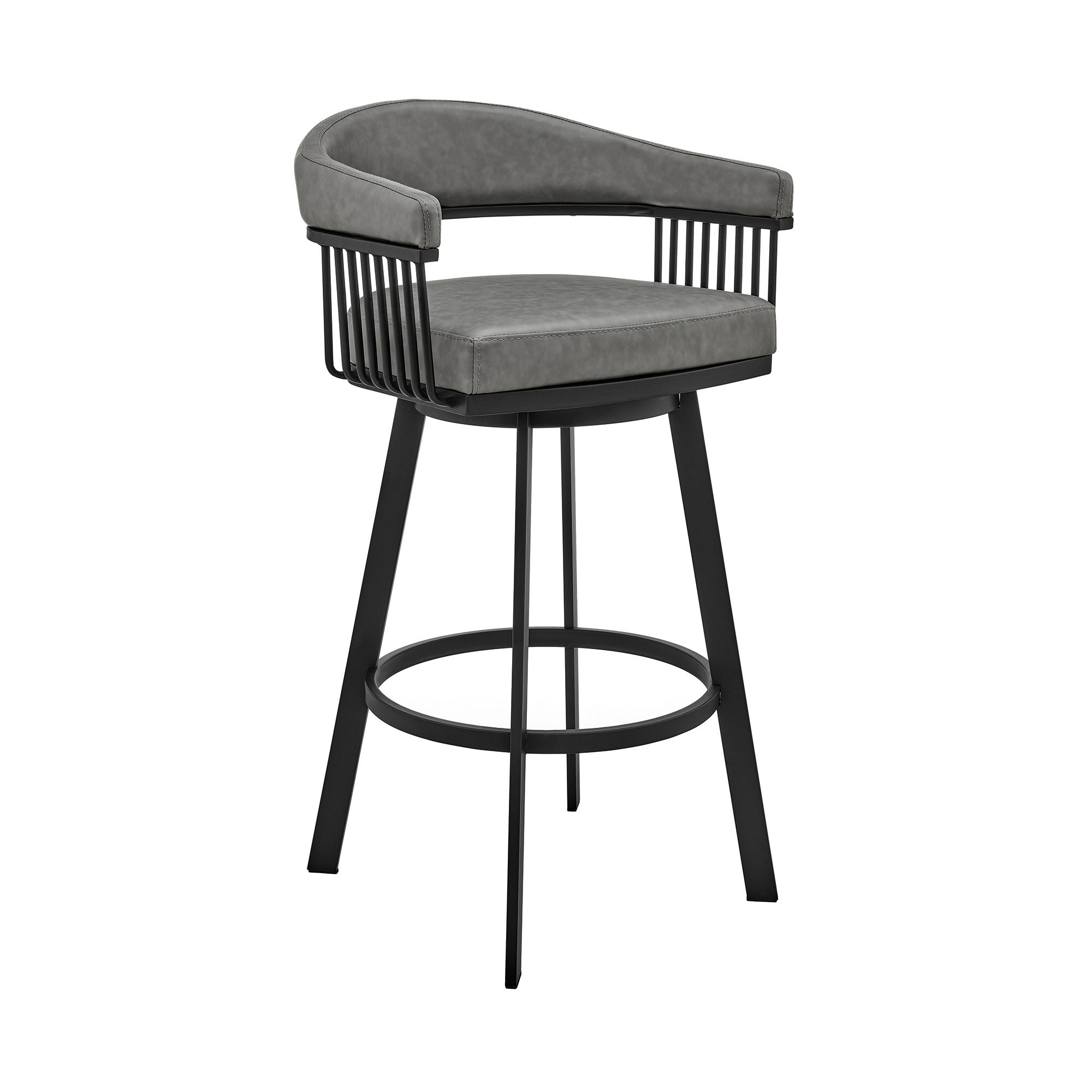 Swivel Barstool with Open Metal Frame and Slatted Arms, Gray and Black