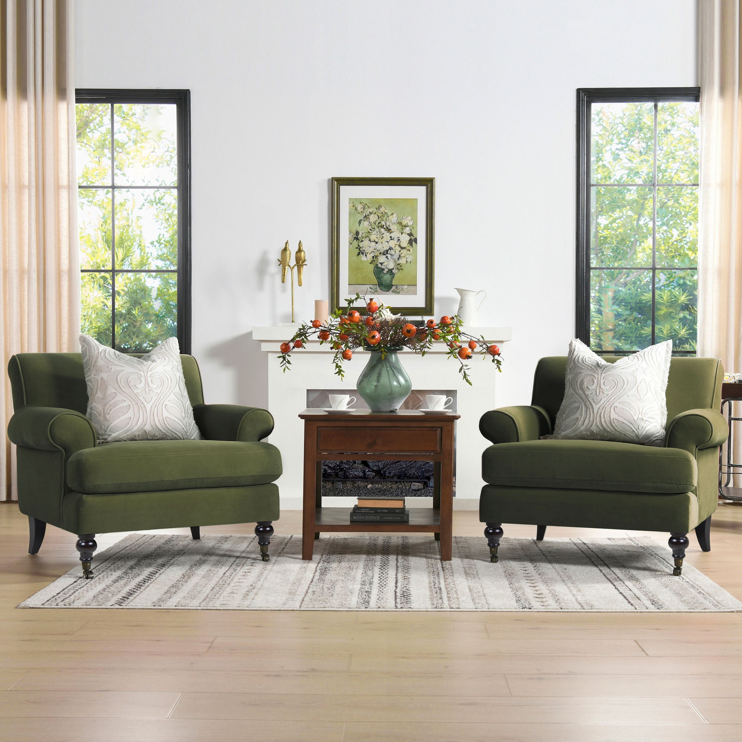 Alana 38 Lawson Accent Arm Chair Metal Casters, Olive Green Performance Velvet