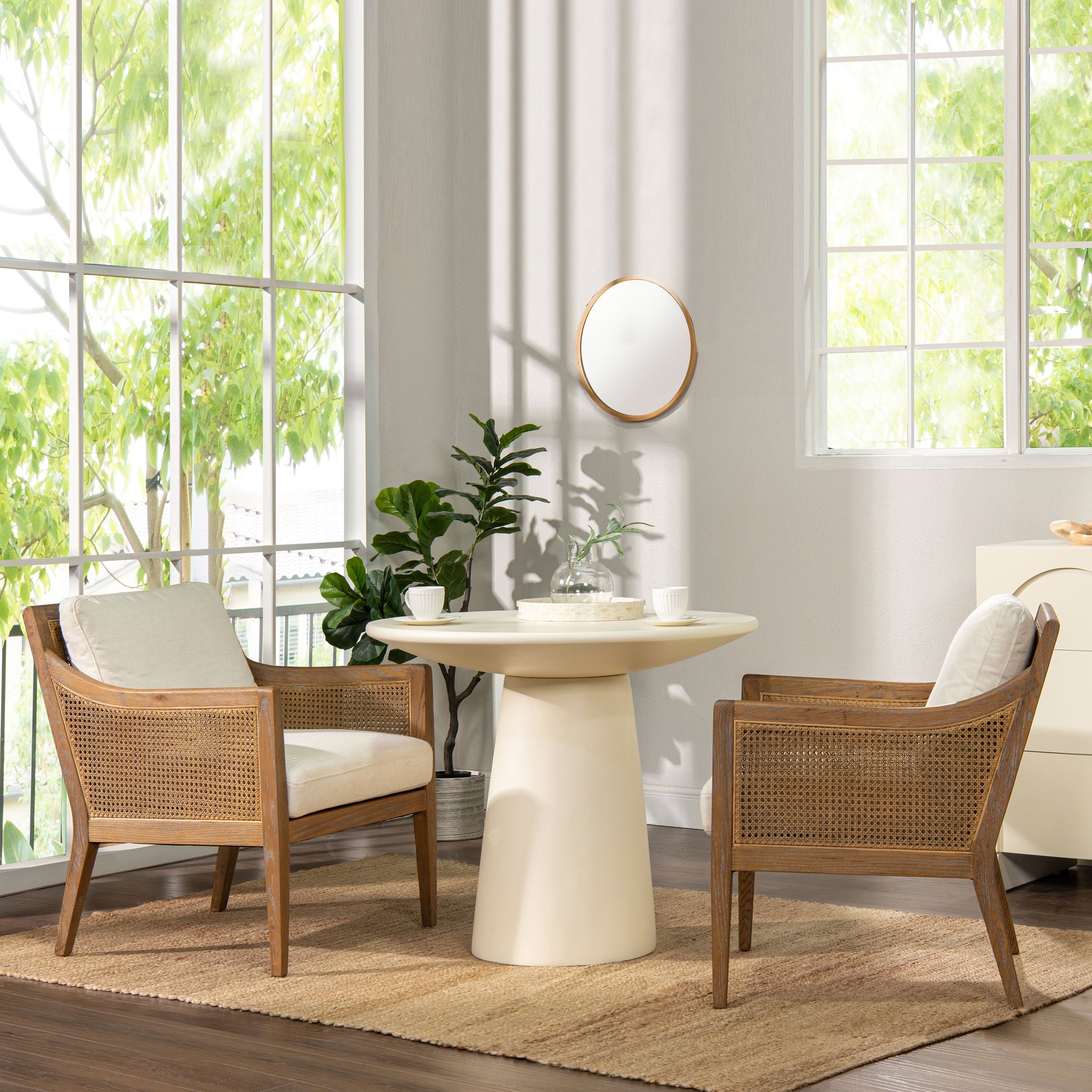 Ontario 24.5 Oak & Rattan Upholstered Accent Arm Chair, Natural White Linen