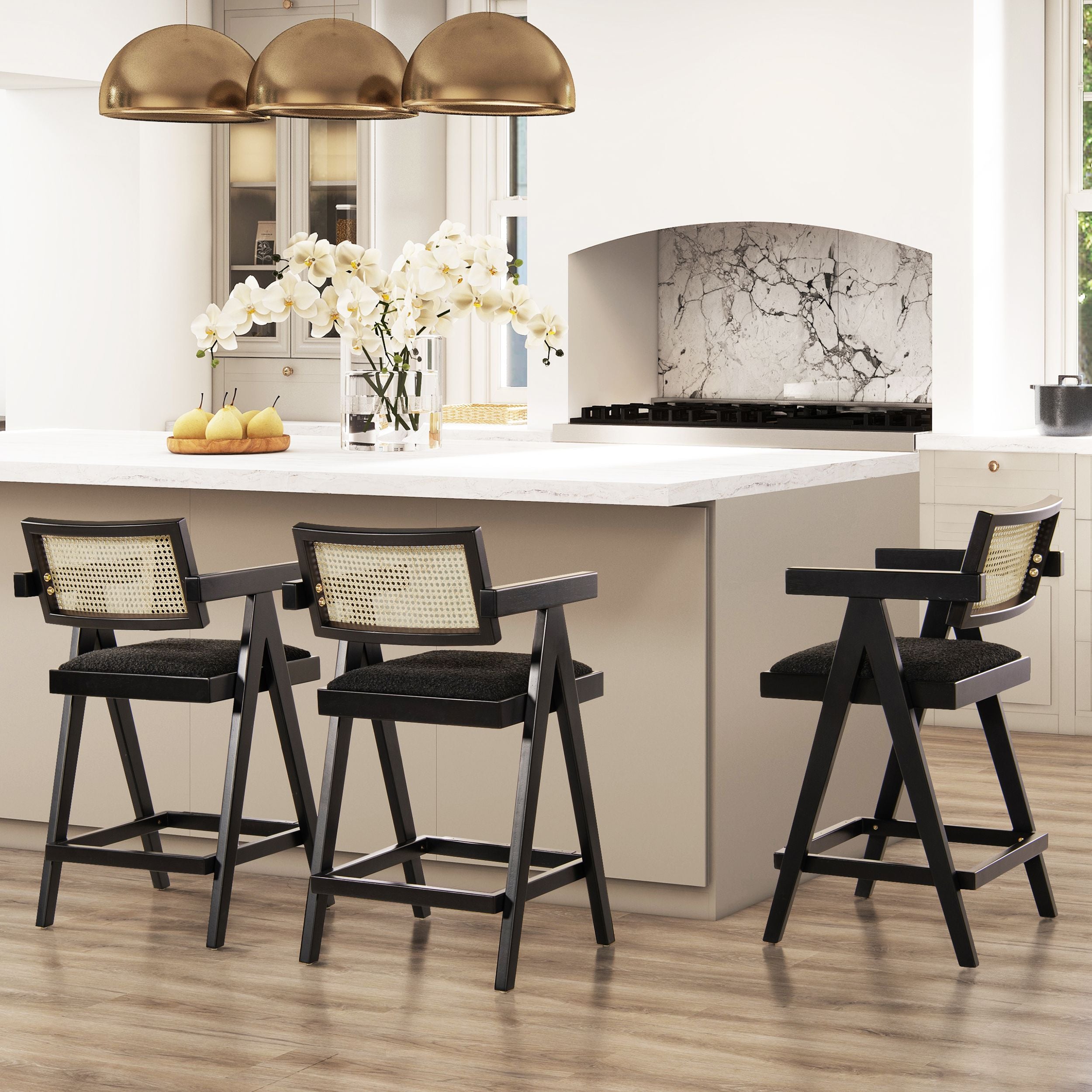 Milan 25.5 Modern Resin Webbing Back Bar Stool with Arms, Set of 3, Ebony Black Boucle