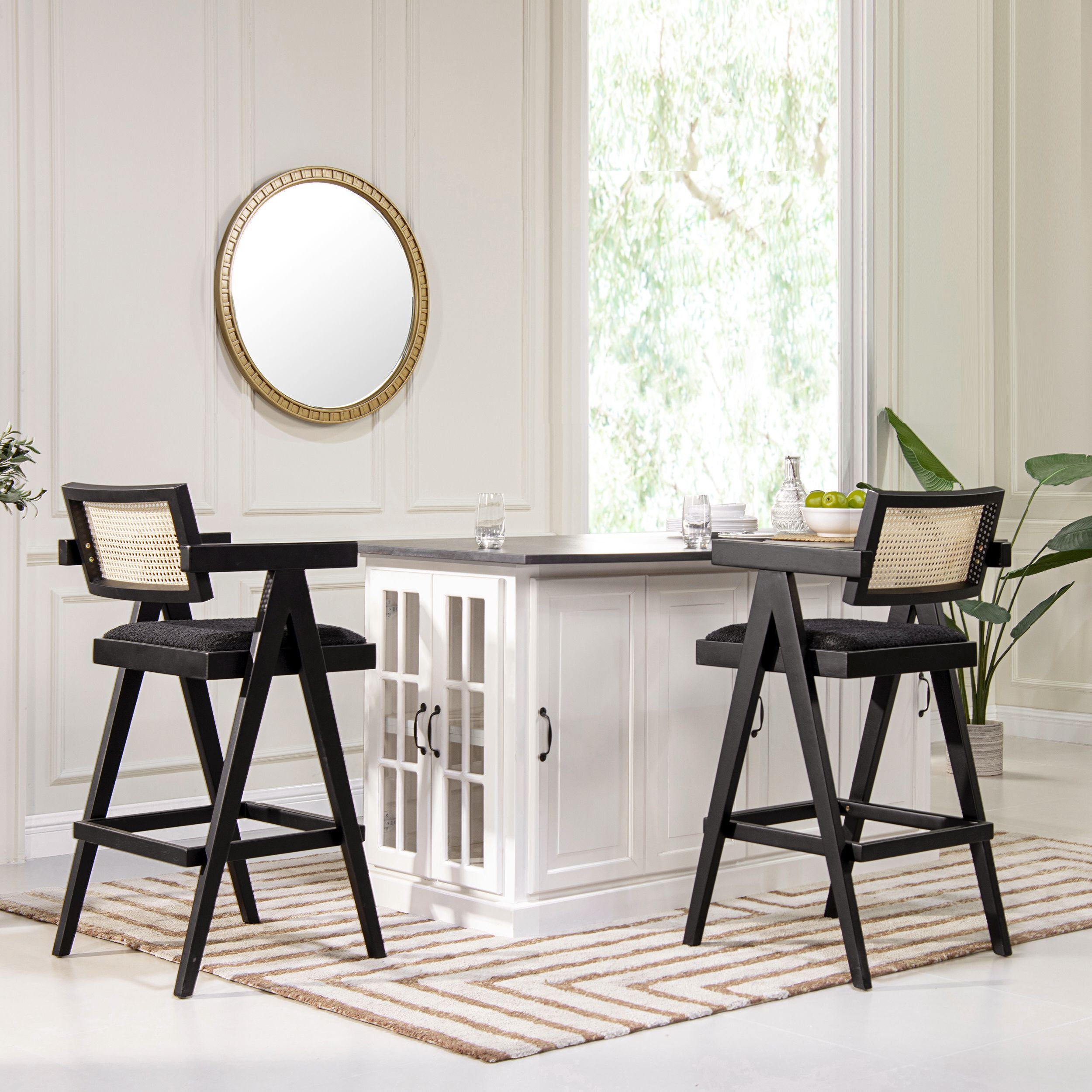 Milan 29.5 Modern Resin Webbing Back Bar Stool with Arms, Set of 3, Ebony Black Boucle