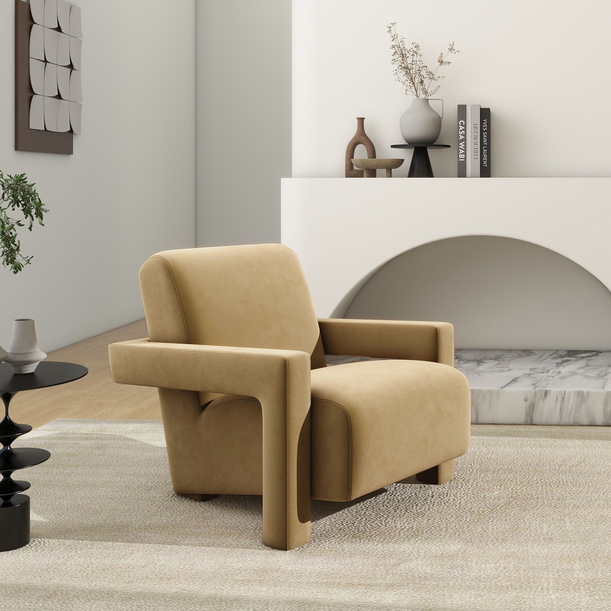 Ethan 28.5 Fully Upholstered Accent Arm Chair, Camel Brown Beige Performance Velvet